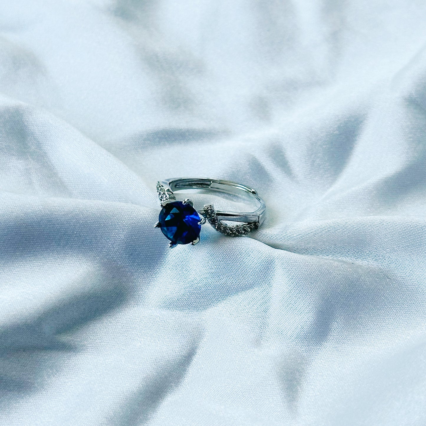 Blue Sapphire Cubic Zircon Stone American Diamond Silver Plated Adjustable Ring