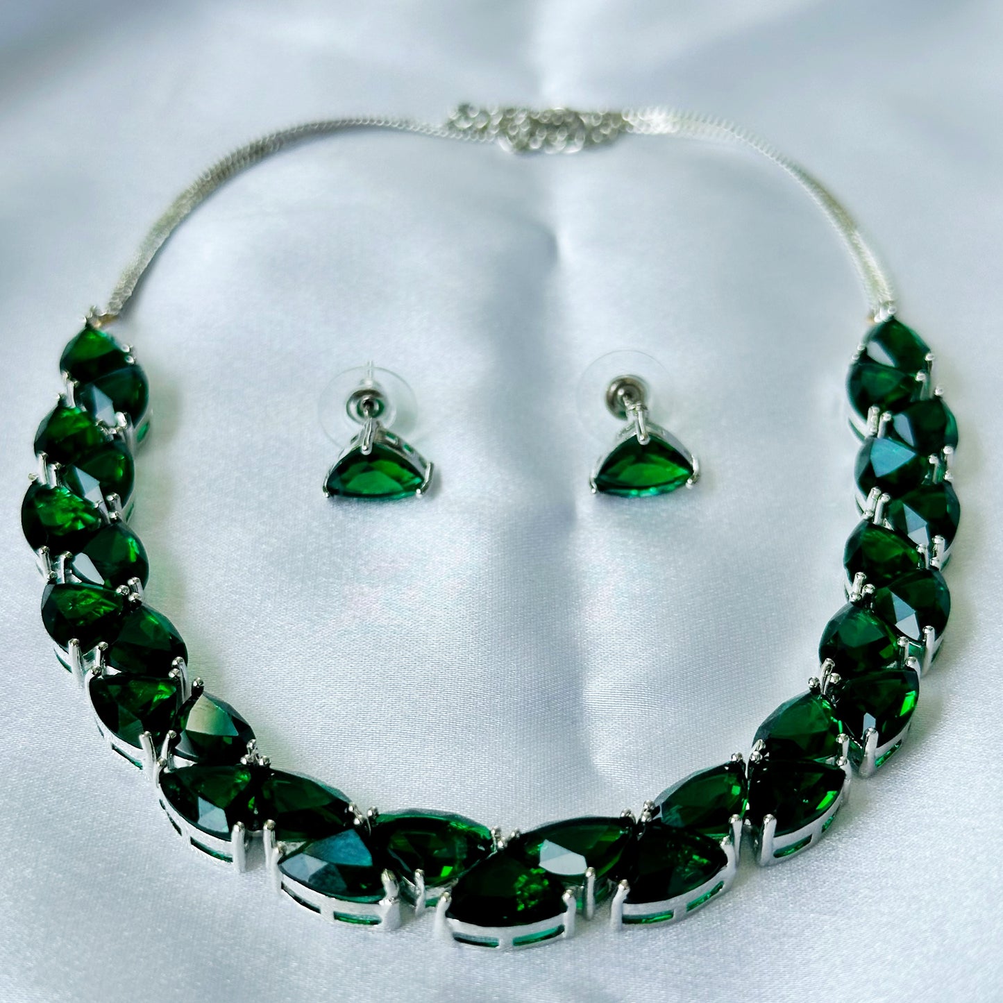 Green Emerald Cubic Zircon Stones Silver Plated Necklace Set