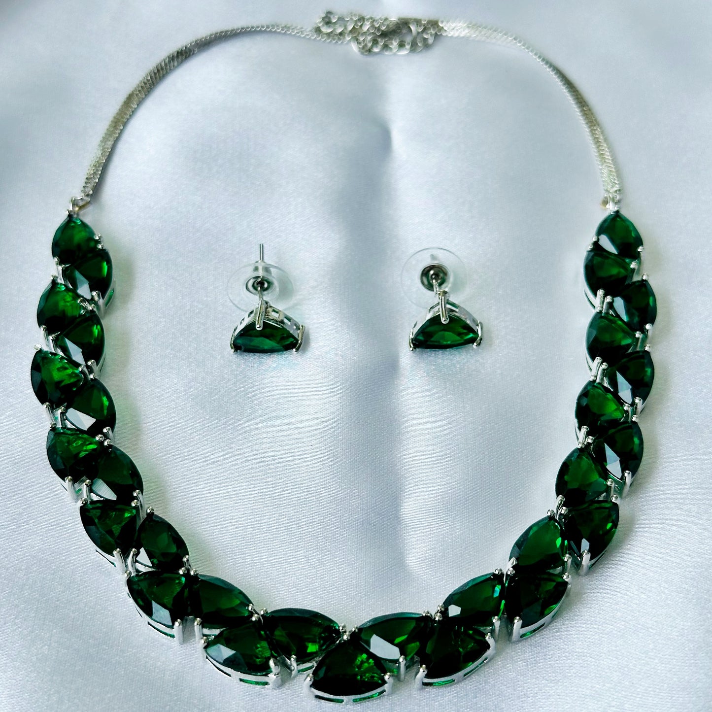 Green Emerald Cubic Zircon Stones Silver Plated Necklace Set