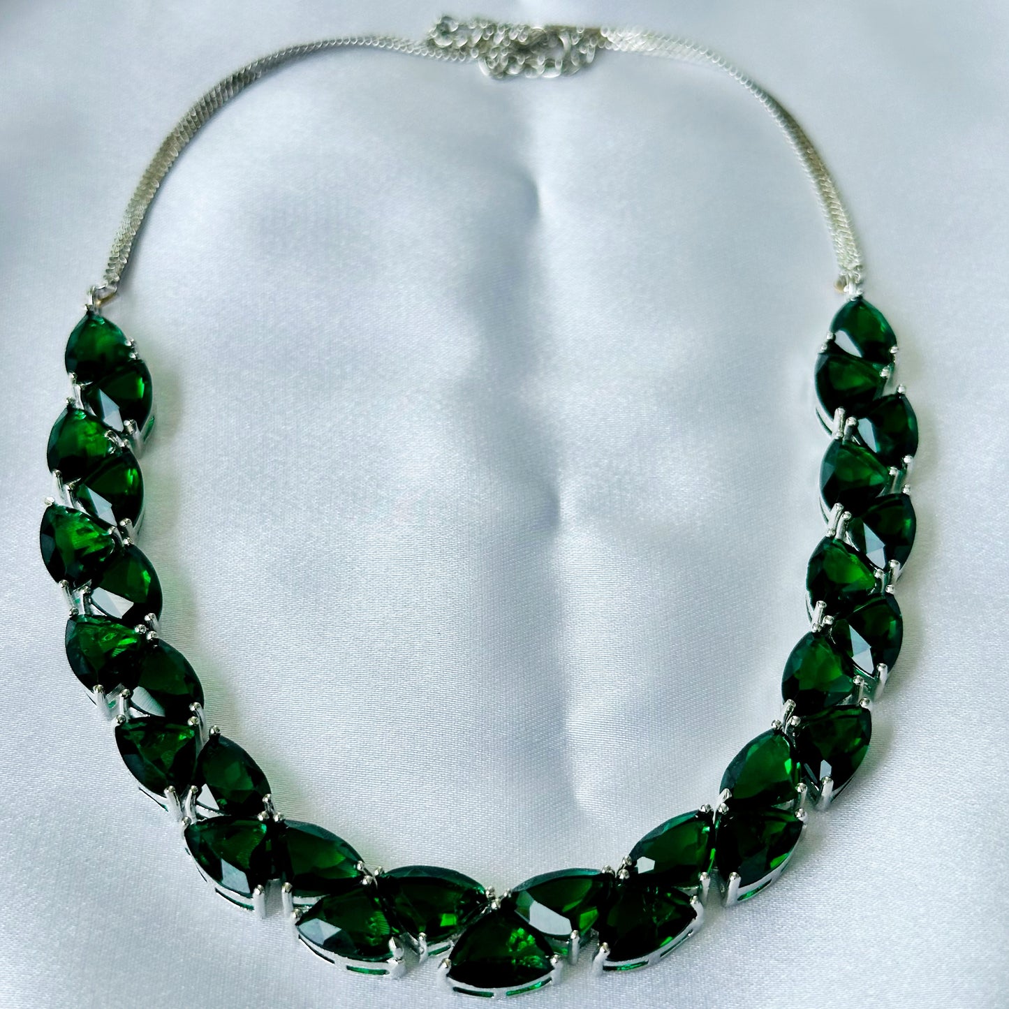 Green Emerald Cubic Zircon Stones Silver Plated Necklace Set