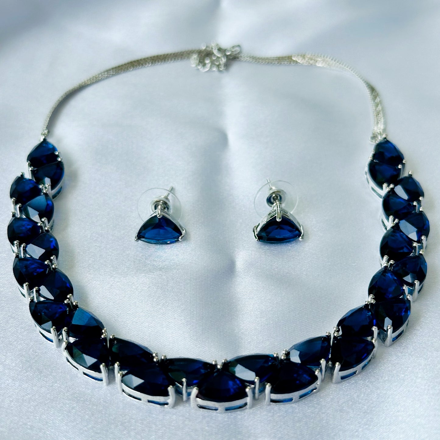Blue Sapphire Cubic Zircon Stones Silver Plated Necklace Set