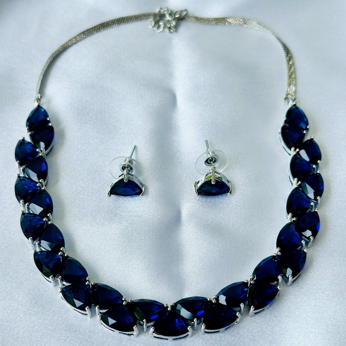 Blue Sapphire Cubic Zircon Stones Silver Plated Necklace Set