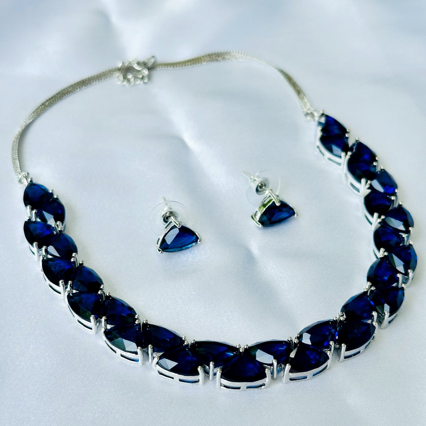 Blue Sapphire Cubic Zircon Stones Silver Plated Necklace Set