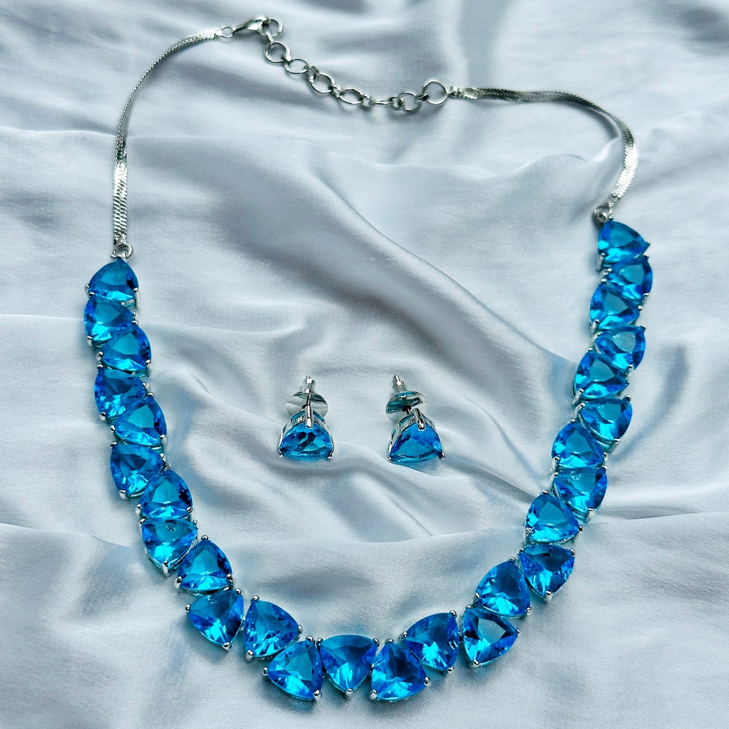 Aqua Blue Sapphire Cubic Zirconia American Diamond Silver Plated Necklace Set