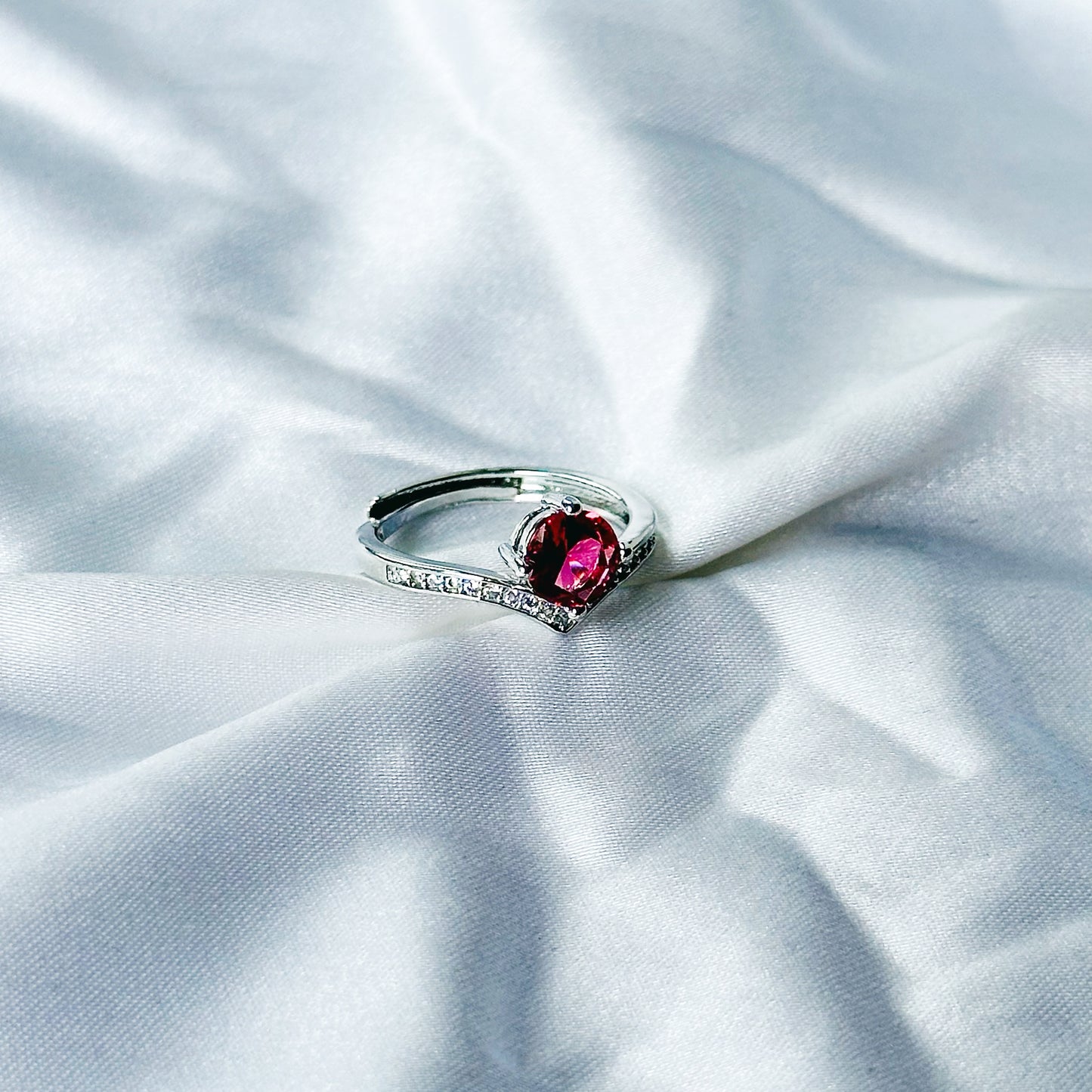 Red Ruby Cubic Zircon Stone American Diamond Silver Plated Adjustable Ring