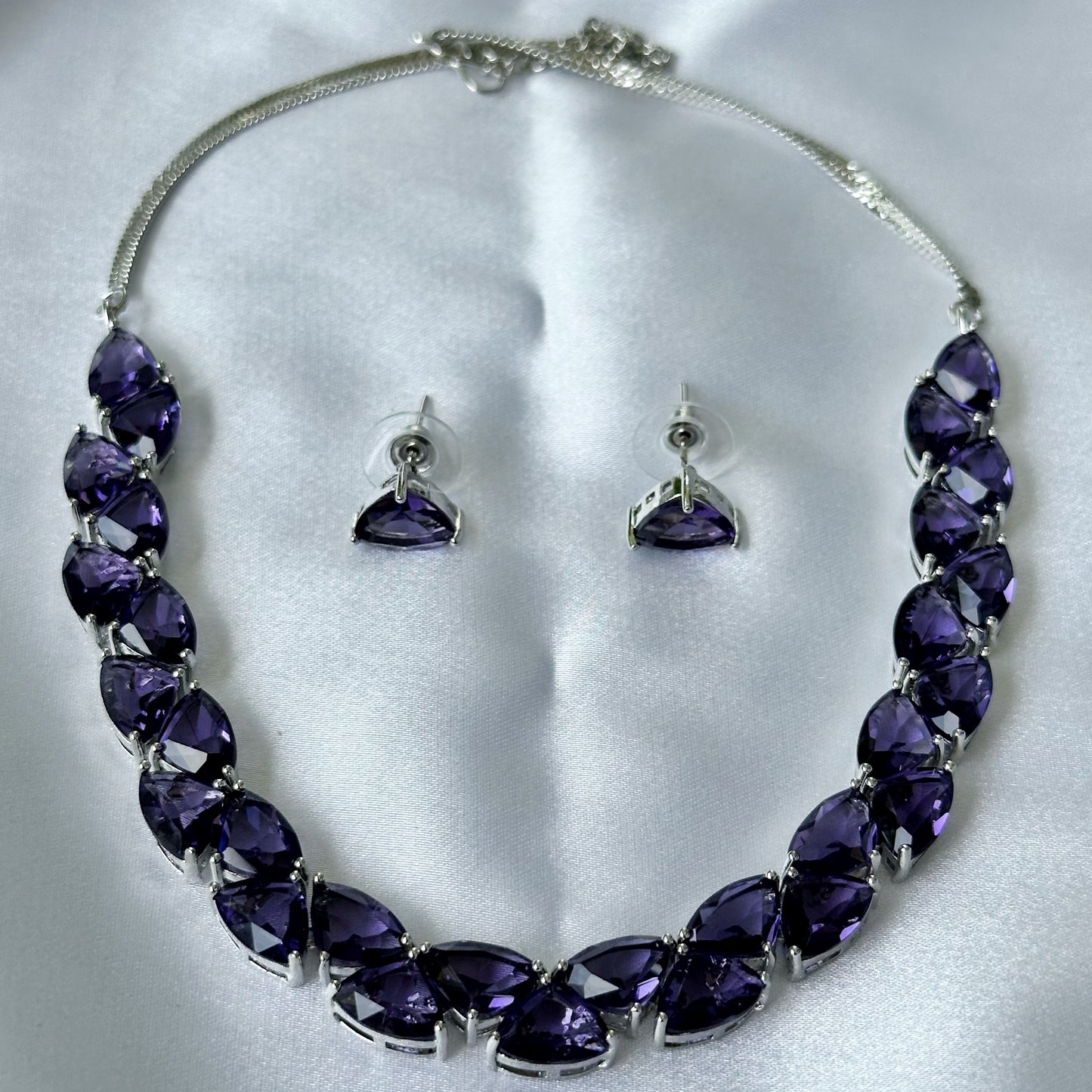 Deep Purple Amethyst Cubic Zircon Stones Silver Plated Necklace Set