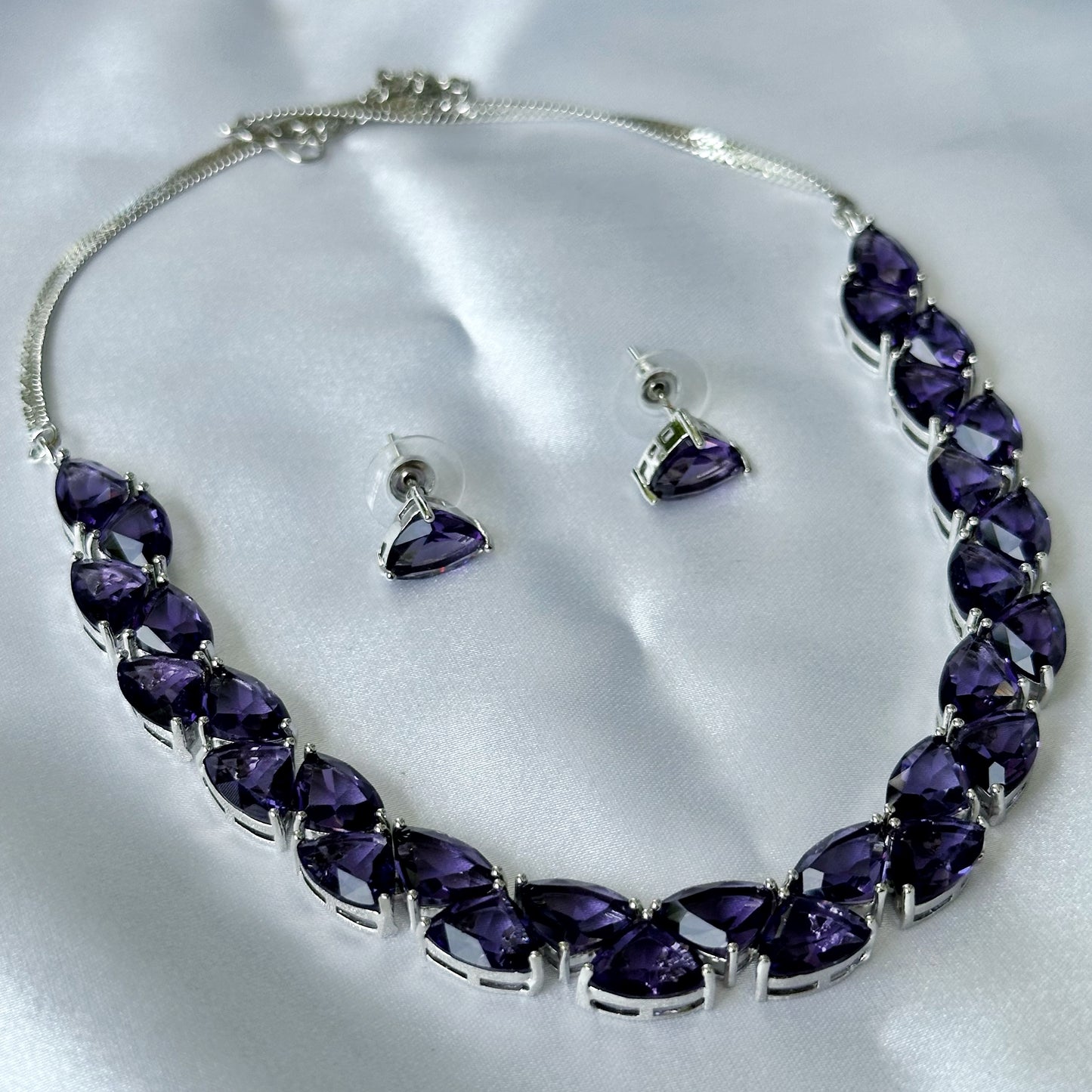 Deep Purple Amethyst Cubic Zircon Stones Silver Plated Necklace Set