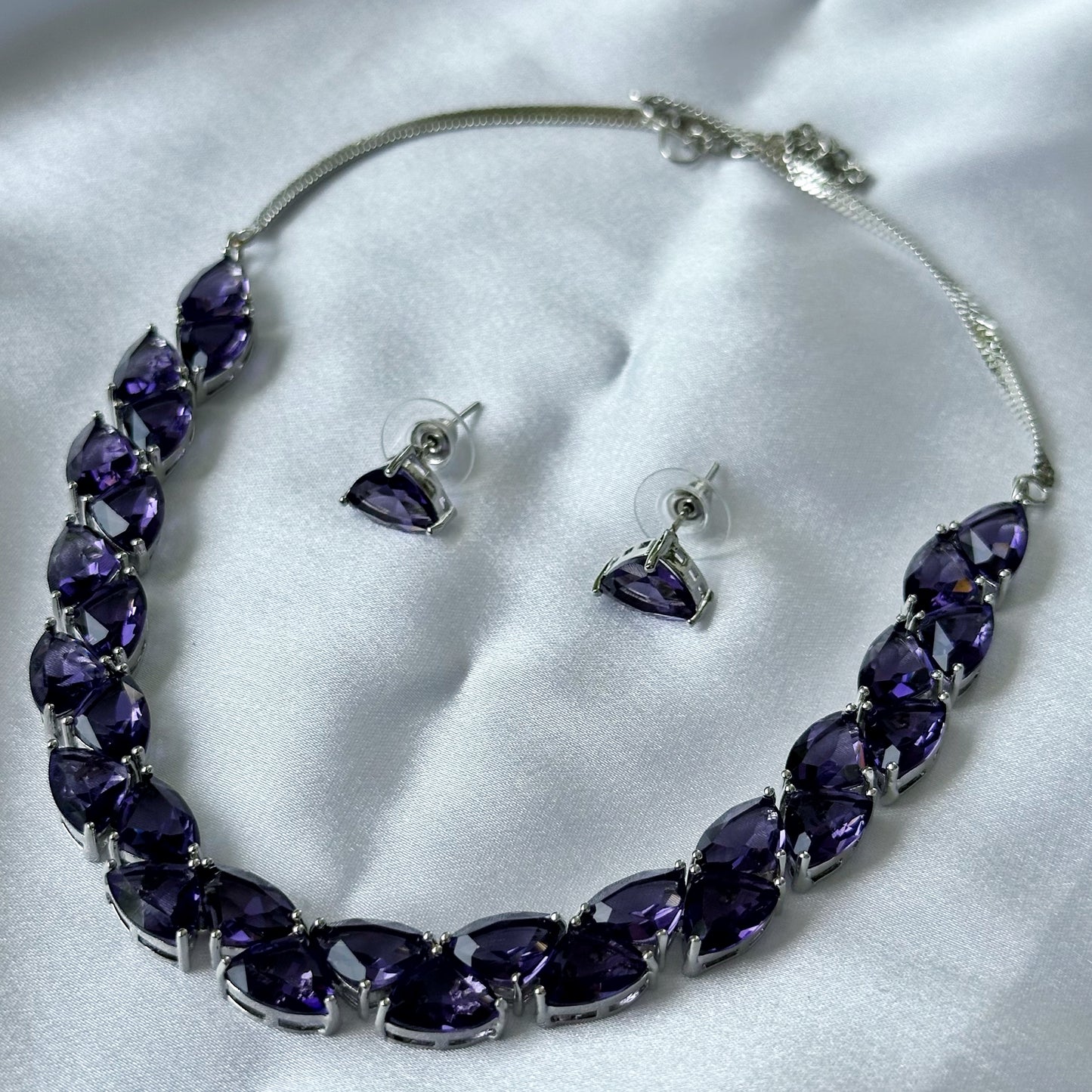 Deep Purple Amethyst Cubic Zircon Stones Silver Plated Necklace Set