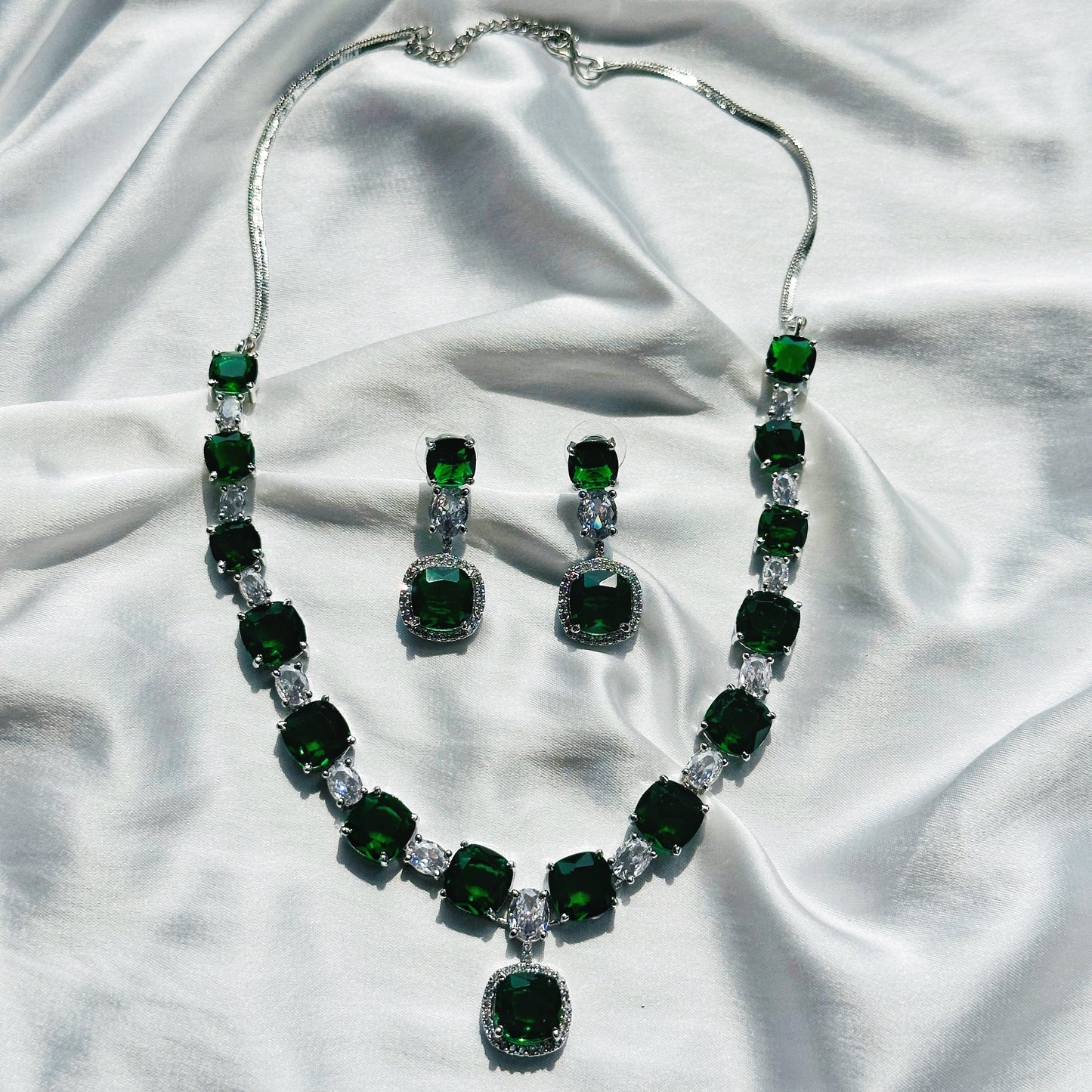 Green Emerald Cubic Zircon Stones American Diamond Silver Plated Necklace Set