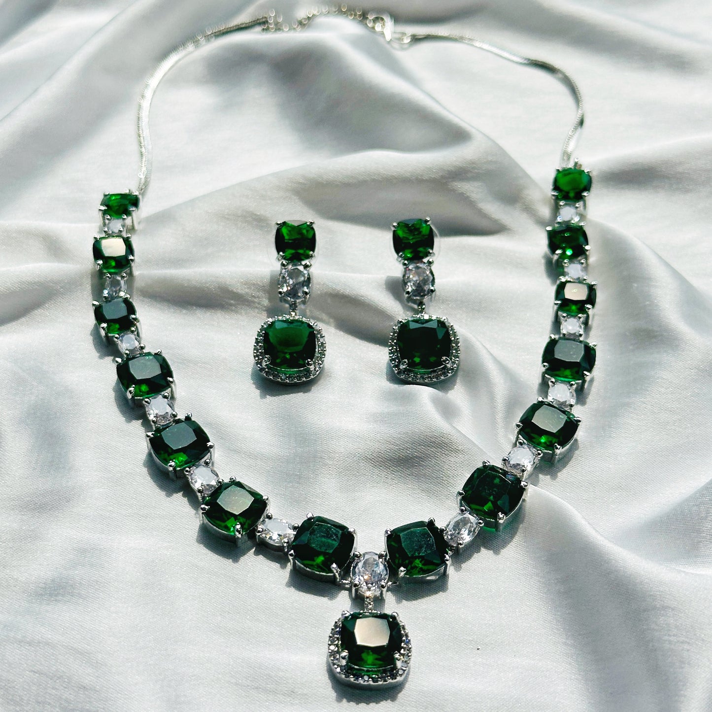 Green Emerald Cubic Zircon Stones American Diamond Silver Plated Necklace Set