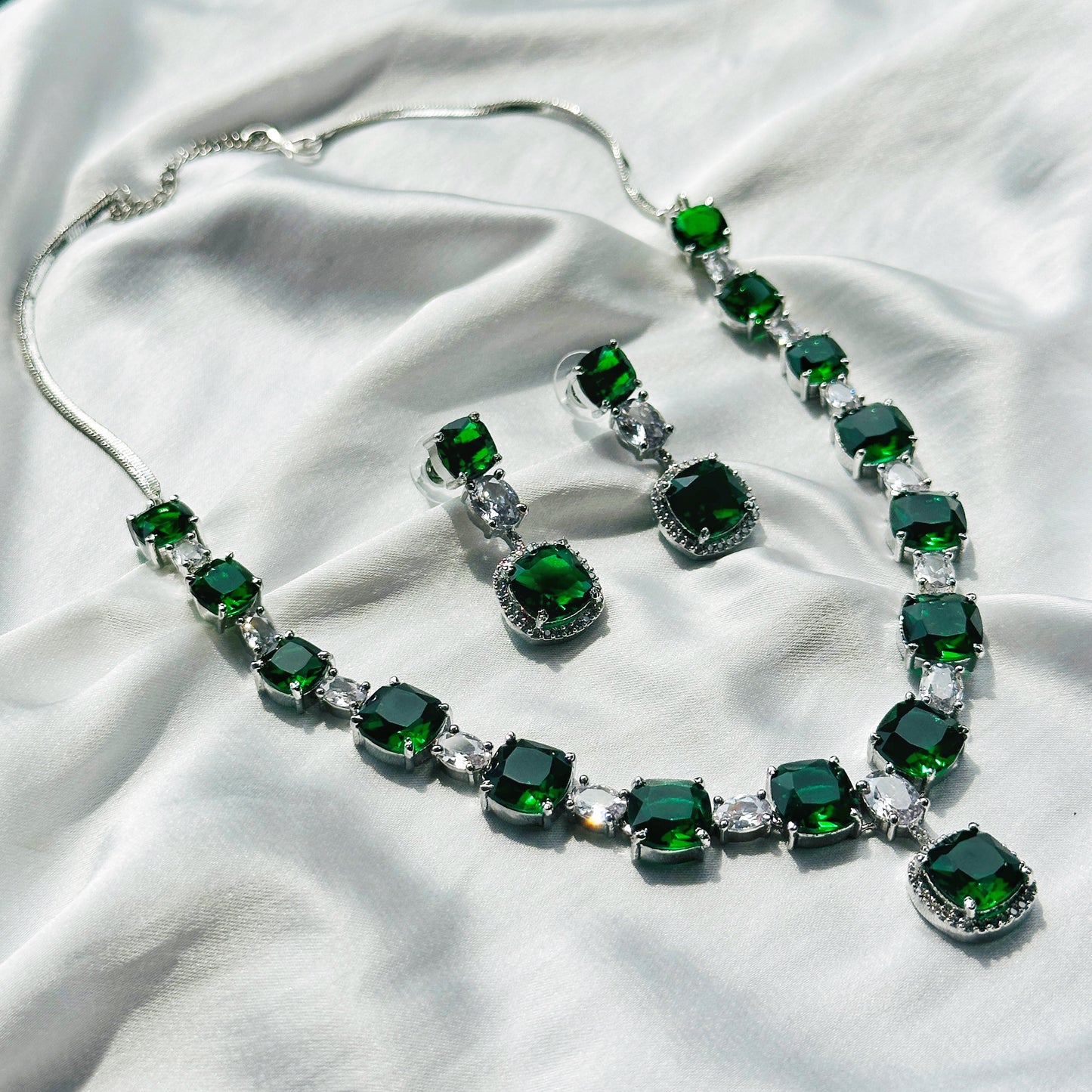Green Emerald Cubic Zircon Stones American Diamond Silver Plated Necklace Set