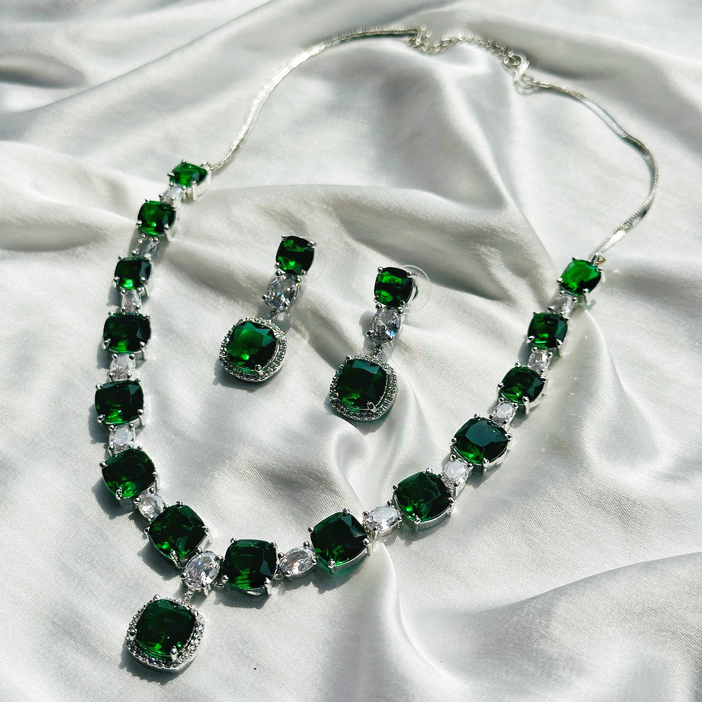 Green Emerald Cubic Zircon Stones American Diamond Silver Plated Necklace Set