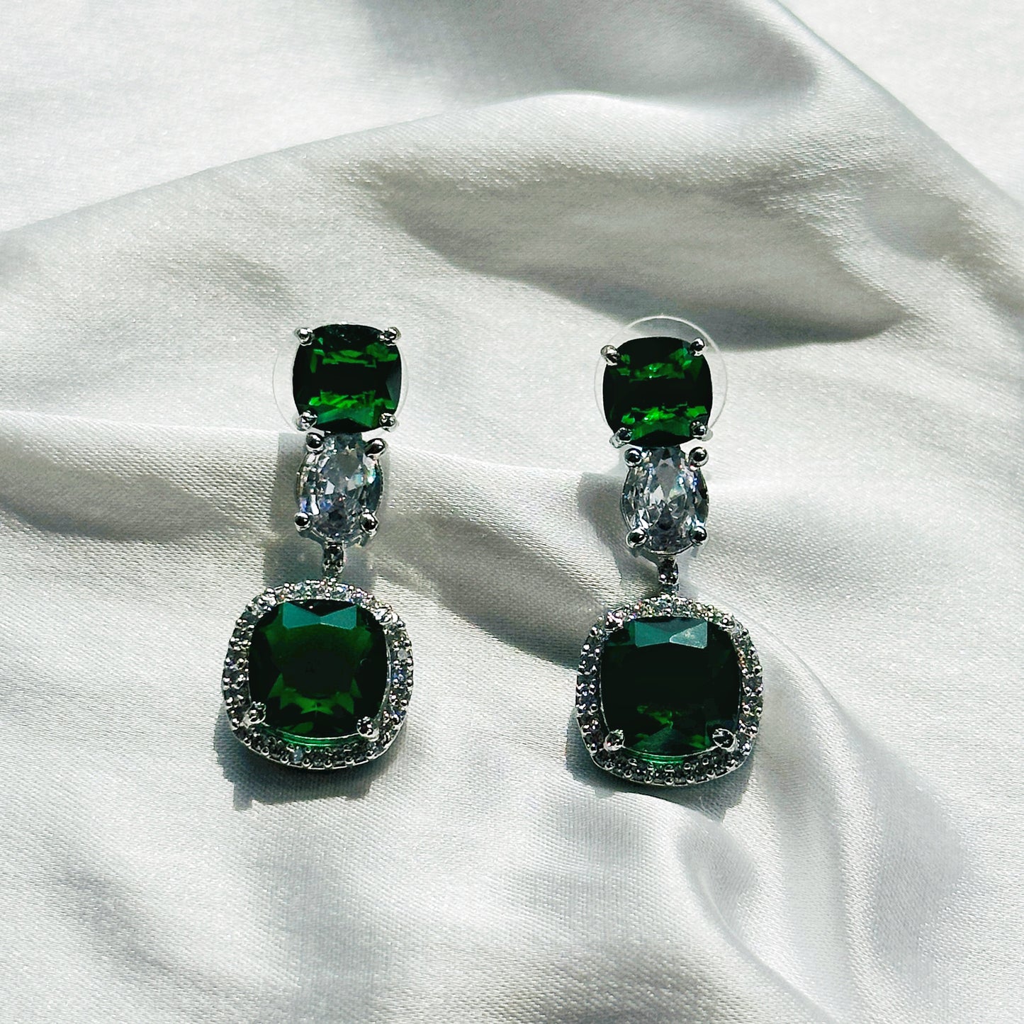 Green Emerald Cubic Zircon Stones American Diamond Silver Plated Necklace Set