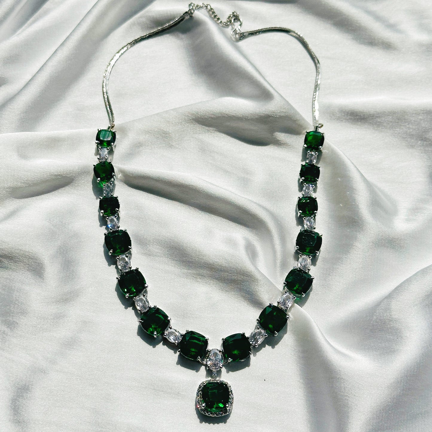 Green Emerald Cubic Zircon Stones American Diamond Silver Plated Necklace Set