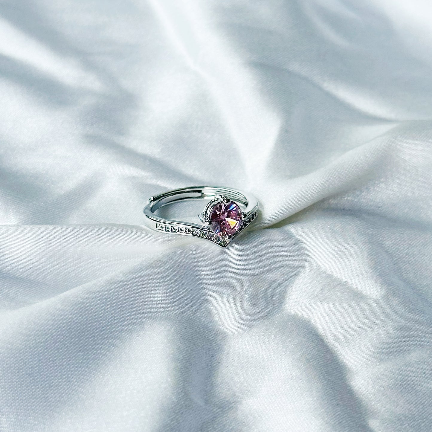 Pink Topaz Cubic Zircon American Diamond Silver Plated Adjustable Ring