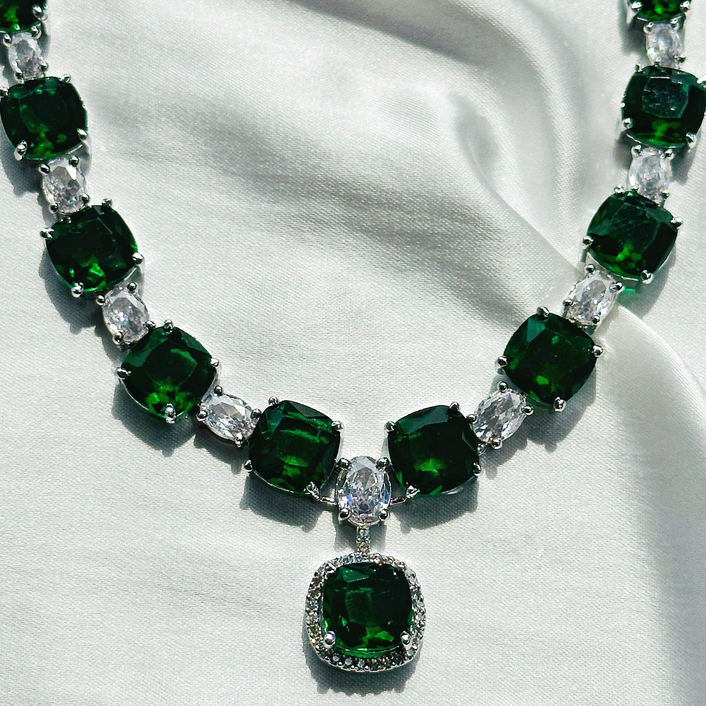 Green Emerald Cubic Zircon Stones American Diamond Silver Plated Necklace Set