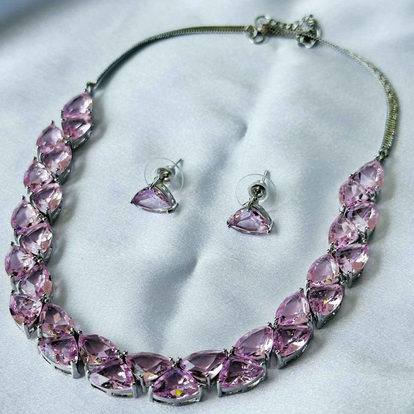 Pink Topaz Cubic Zircon Stones Silver Plated Necklace Set