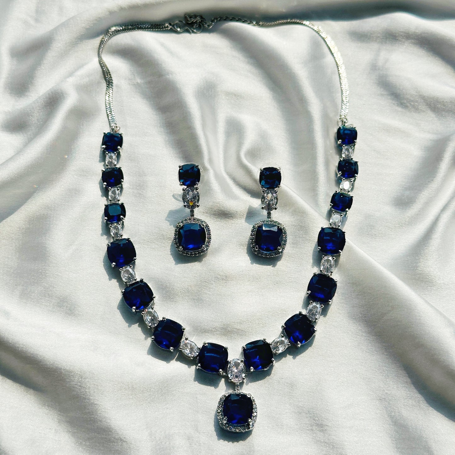 Blue Sapphire Cubic Zircon Stones American Diamond Silver Plated Necklace Set