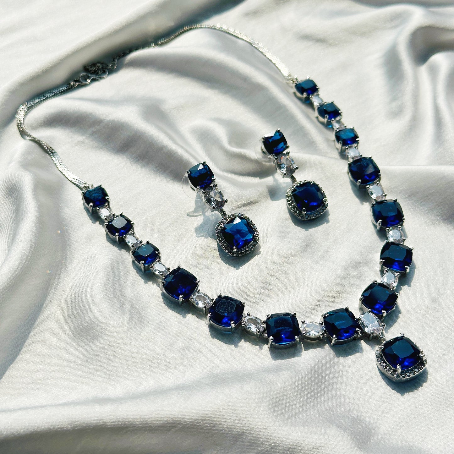 Blue Sapphire Cubic Zircon Stones American Diamond Silver Plated Necklace Set