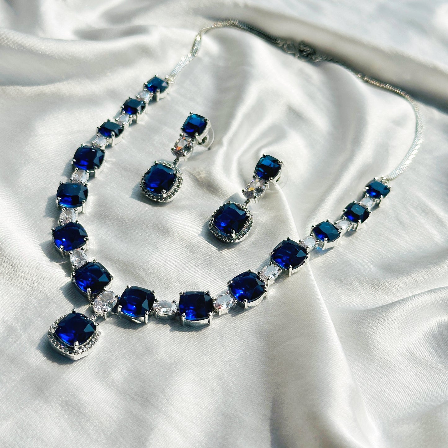 Blue Sapphire Cubic Zircon Stones American Diamond Silver Plated Necklace Set