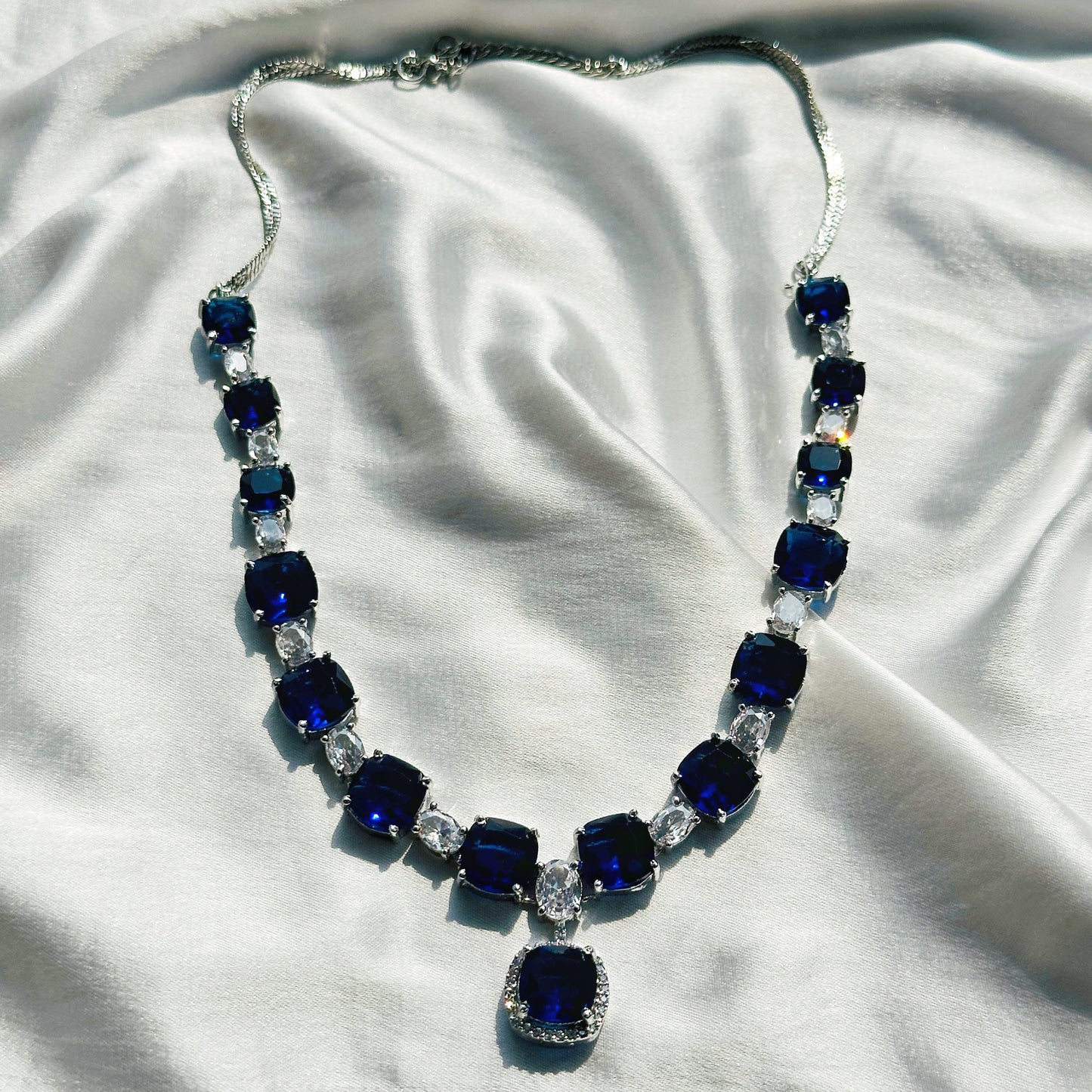 Blue Sapphire Cubic Zircon Stones American Diamond Silver Plated Necklace Set