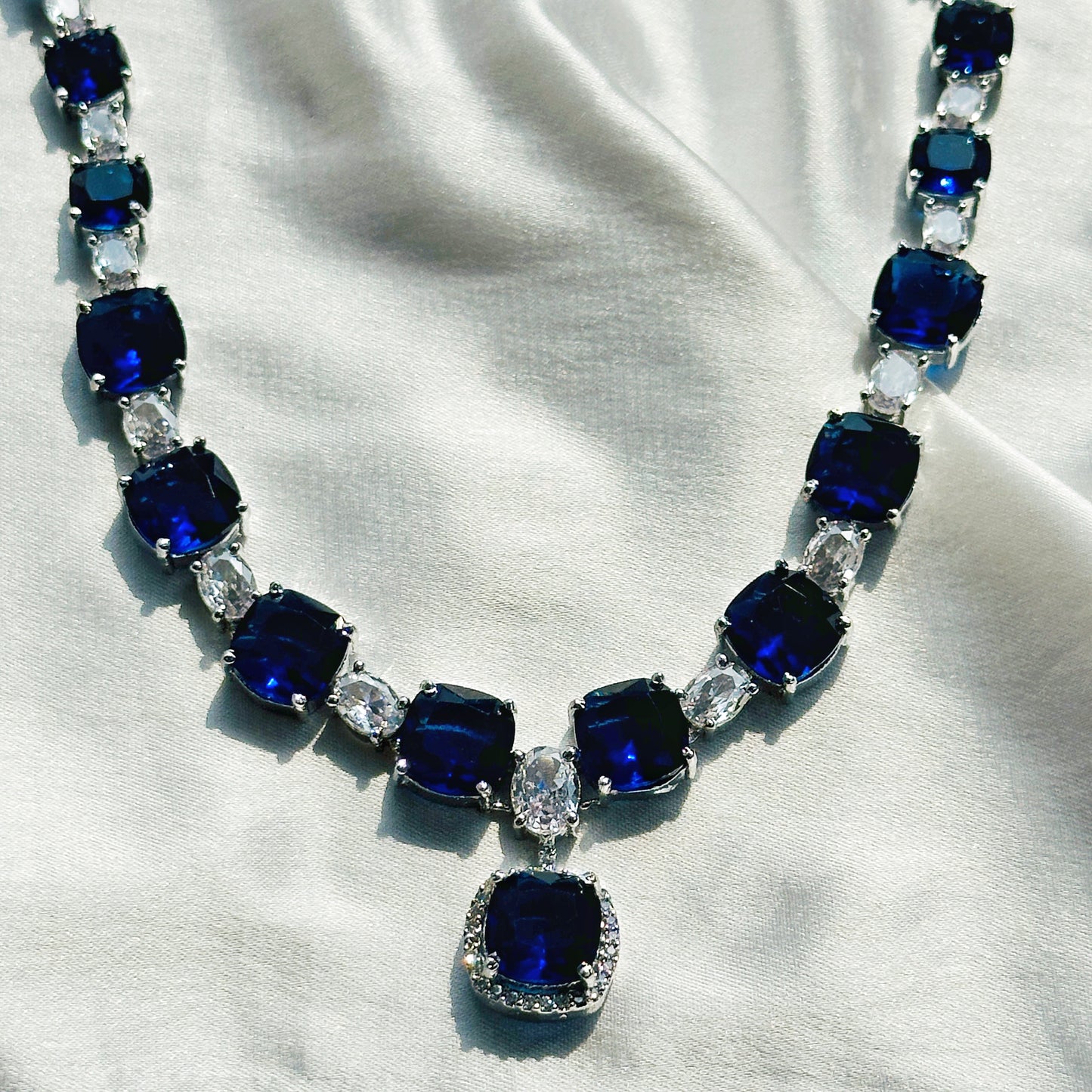 Blue Sapphire Cubic Zircon Stones American Diamond Silver Plated Necklace Set