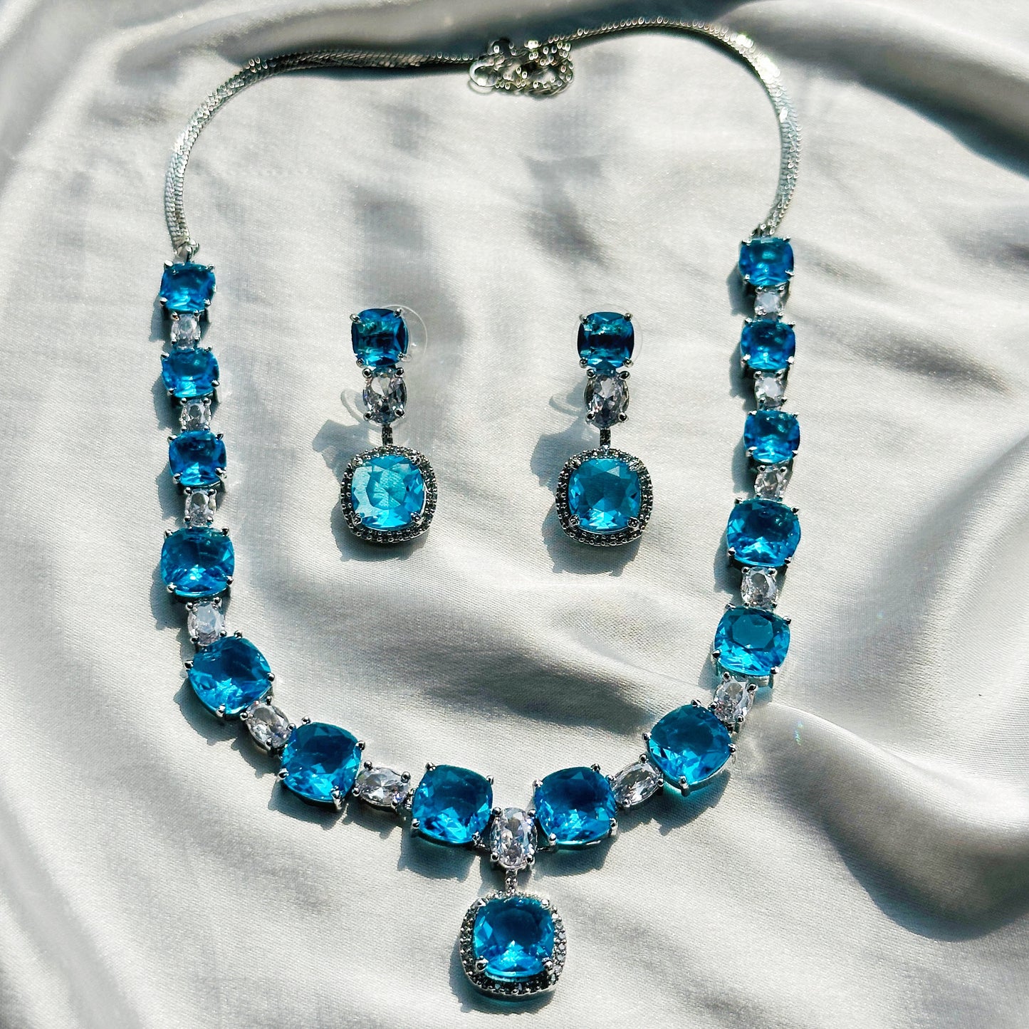 Aqua Blue Sapphire Cubic Zircon Stones American Diamond Silver Plated Necklace Set