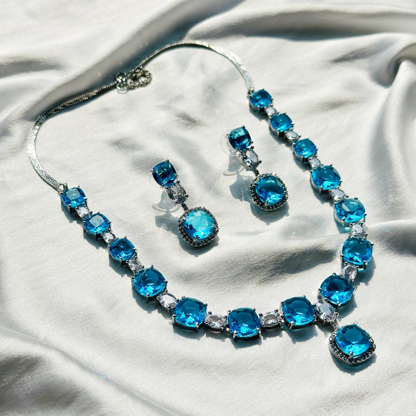 Aqua Blue Sapphire Cubic Zircon Stones American Diamond Silver Plated Necklace Set