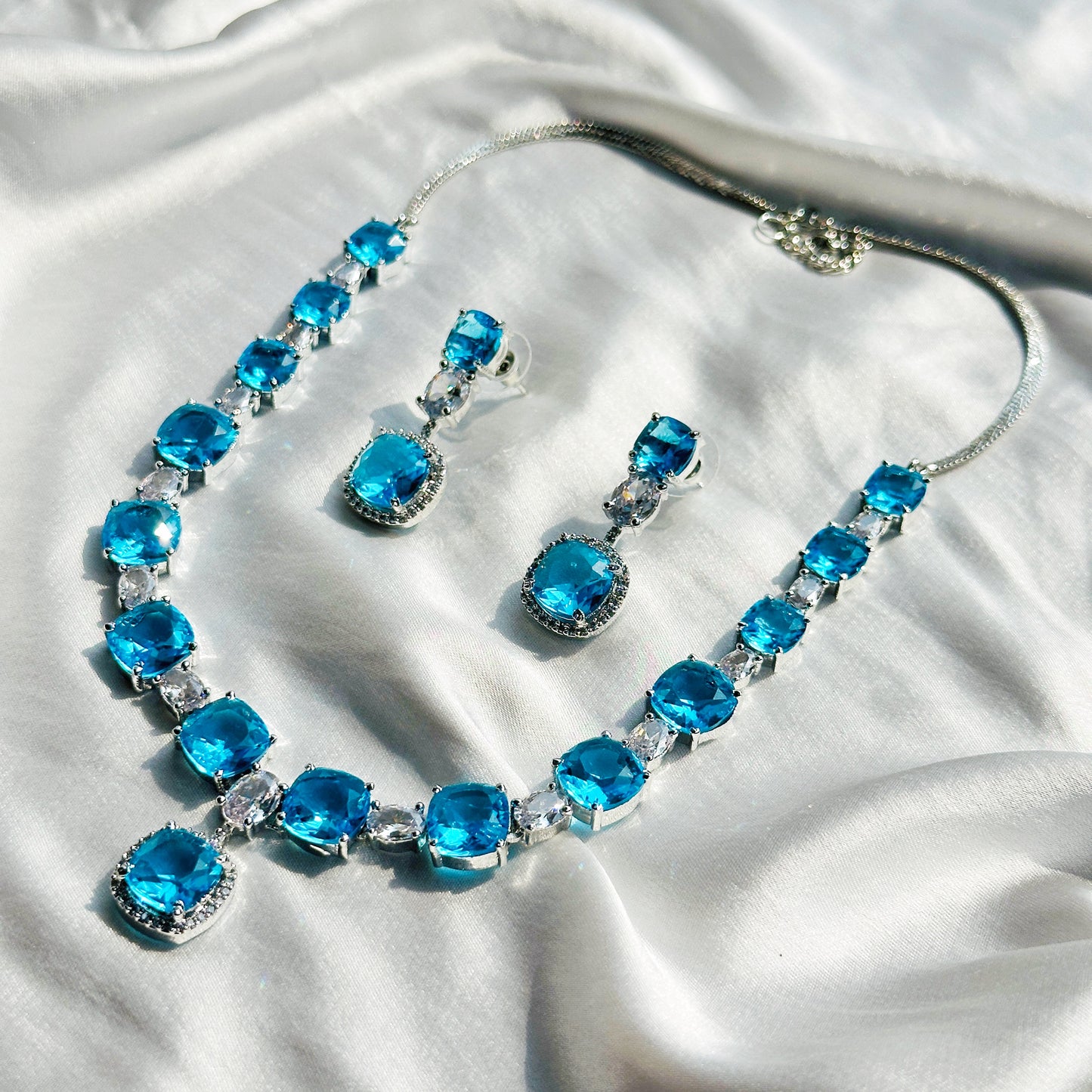 Aqua Blue Sapphire Cubic Zircon Stones American Diamond Silver Plated Necklace Set