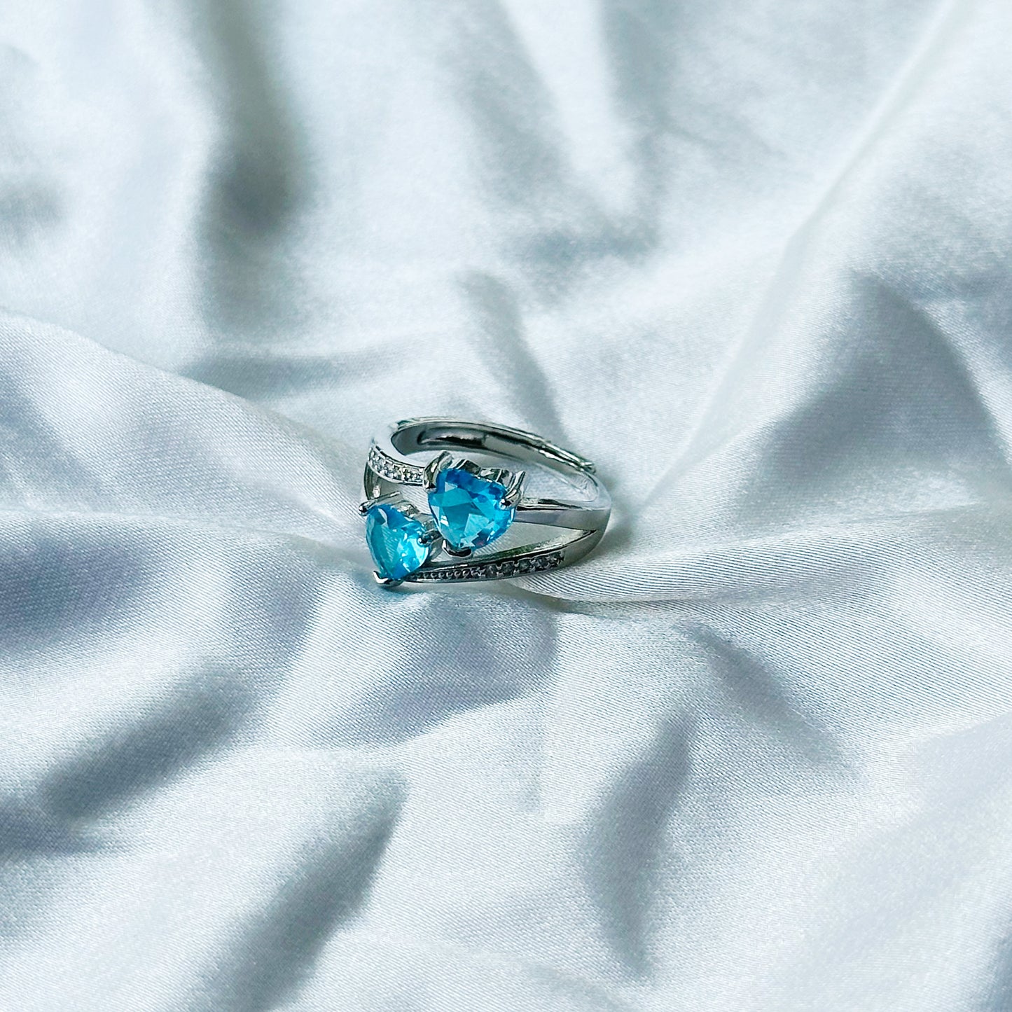 Aqua Blue Sapphire Cubic Zirconia American Diamond Silver Plated Adjustable Ring