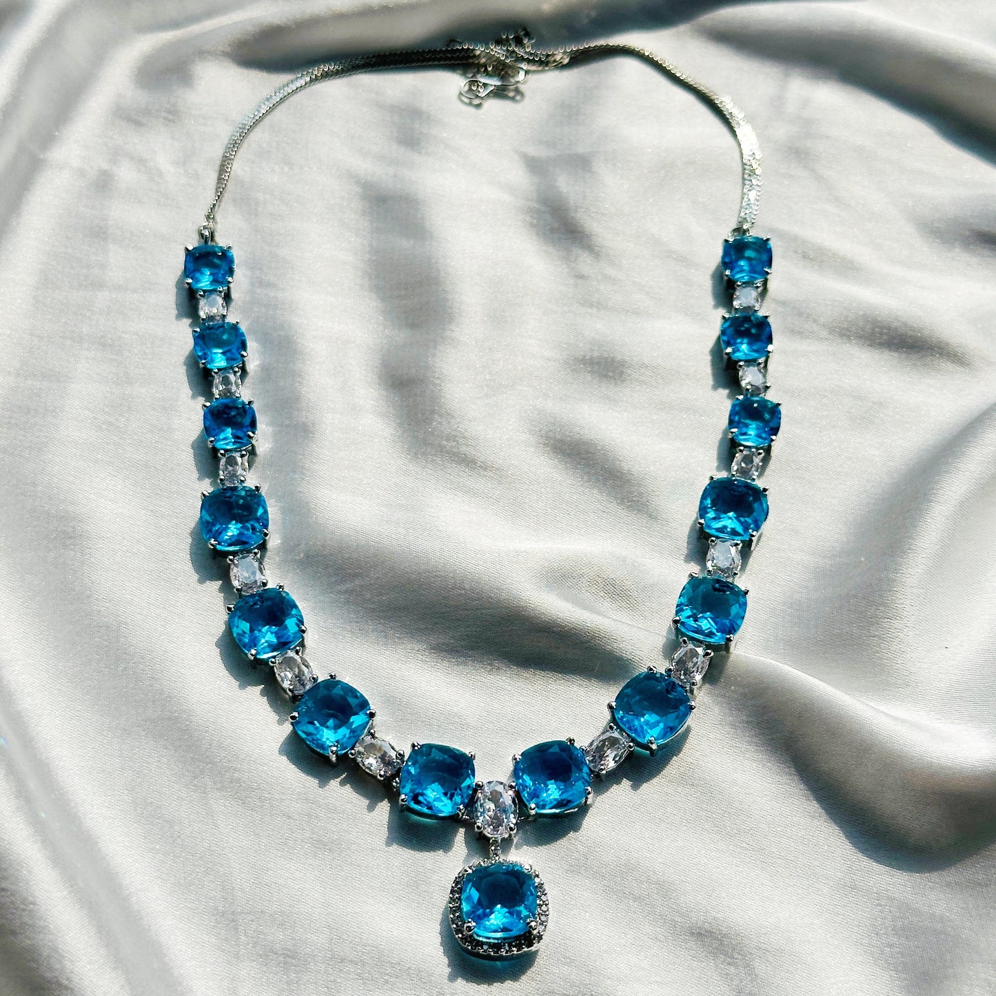 Aqua Blue Sapphire Cubic Zircon Stones American Diamond Silver Plated Necklace Set