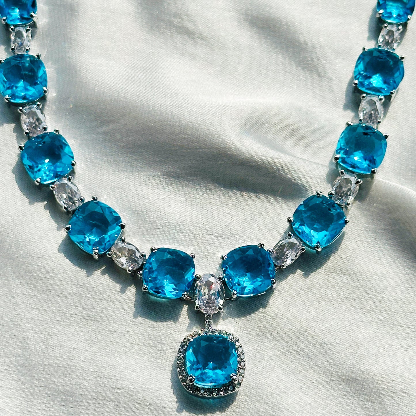 Aqua Blue Sapphire Cubic Zircon Stones American Diamond Silver Plated Necklace Set