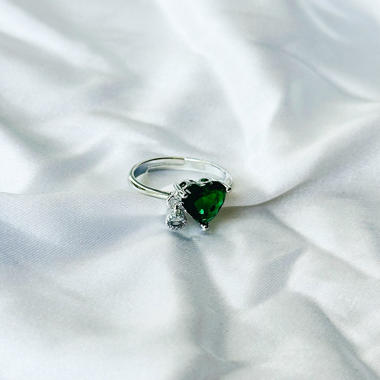 Green Emerald Cubic Zircon Stone American Diamond Silver Plated Adjustable Ring