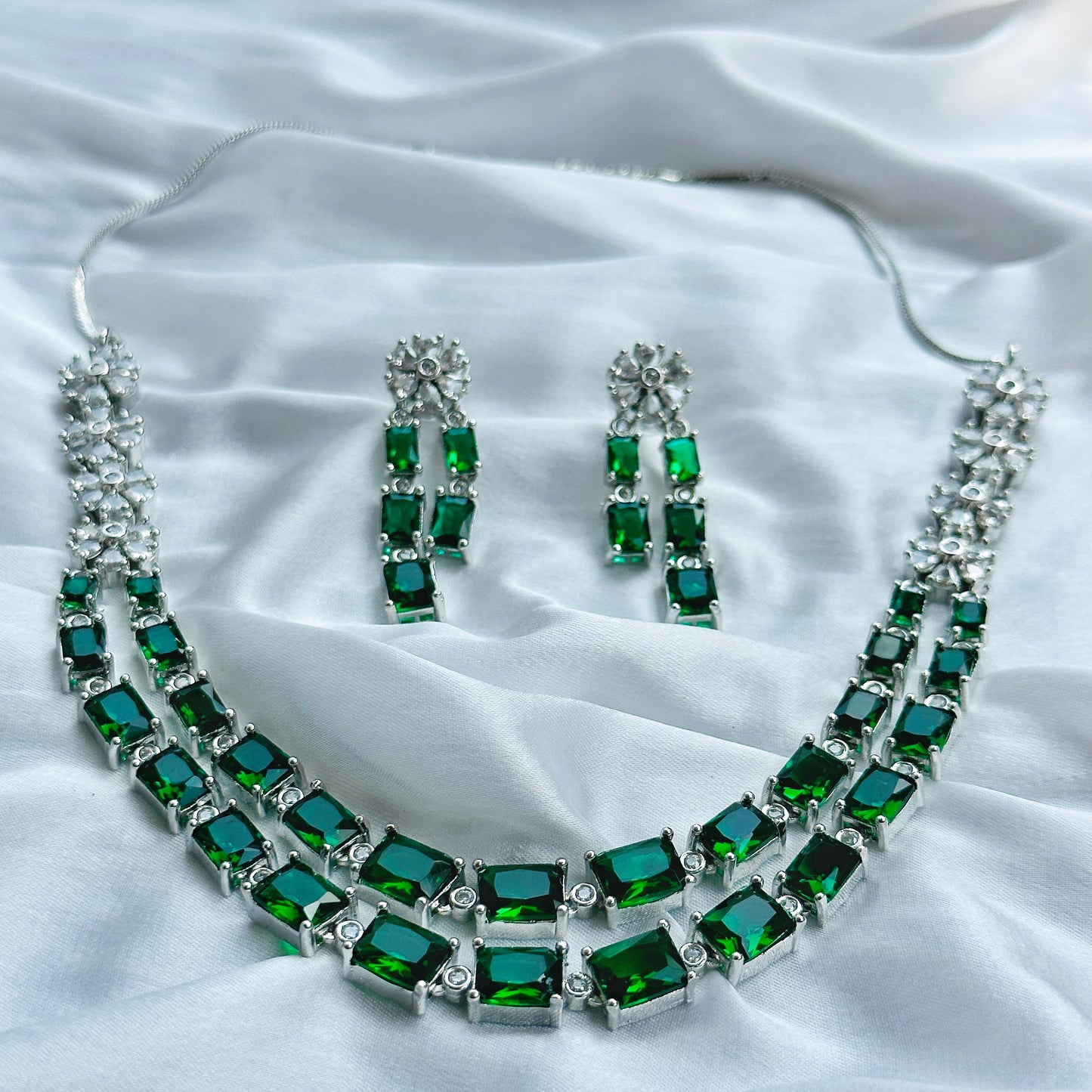 Green Emerald Cubic Zircon Double Chain American Diamond Silver Plated Necklace Set