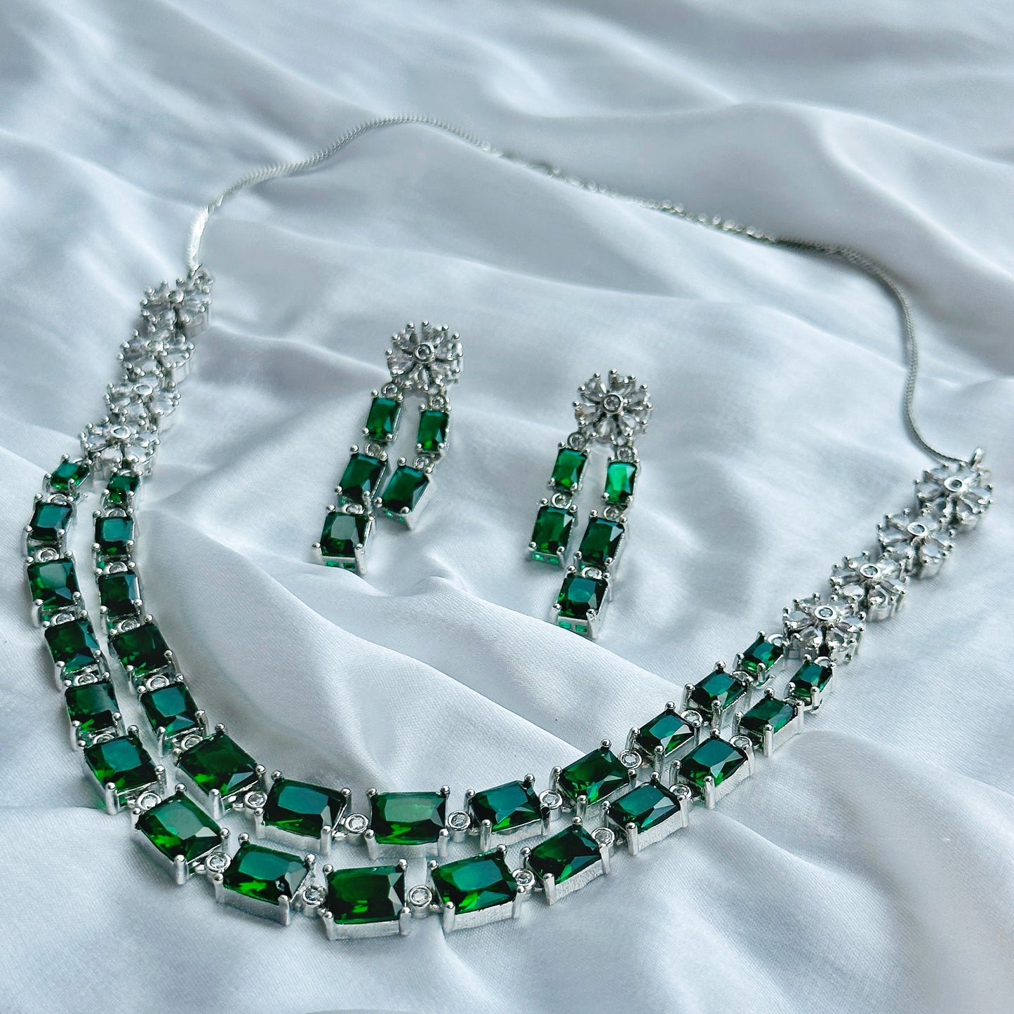 Green Emerald Cubic Zircon Double Chain American Diamond Silver Plated Necklace Set