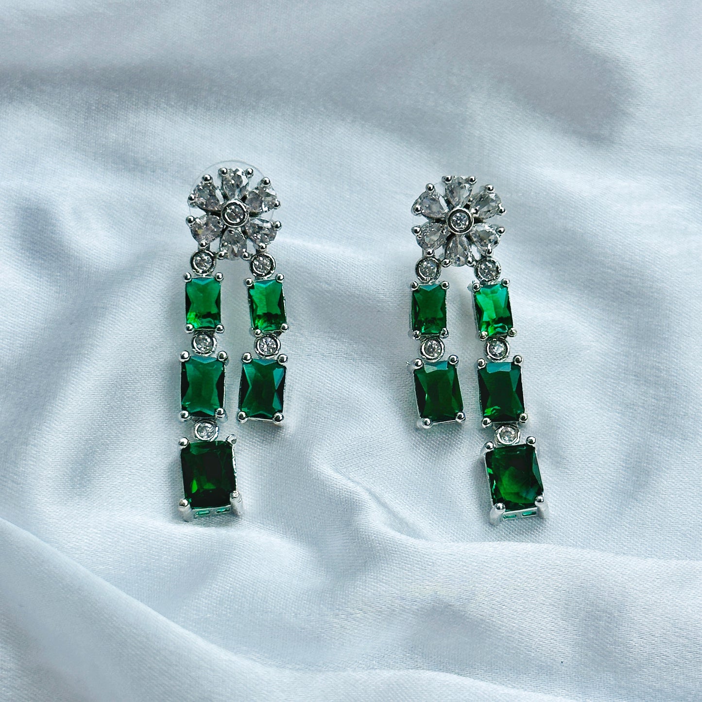 Green Emerald Cubic Zircon Double Chain American Diamond Silver Plated Necklace Set