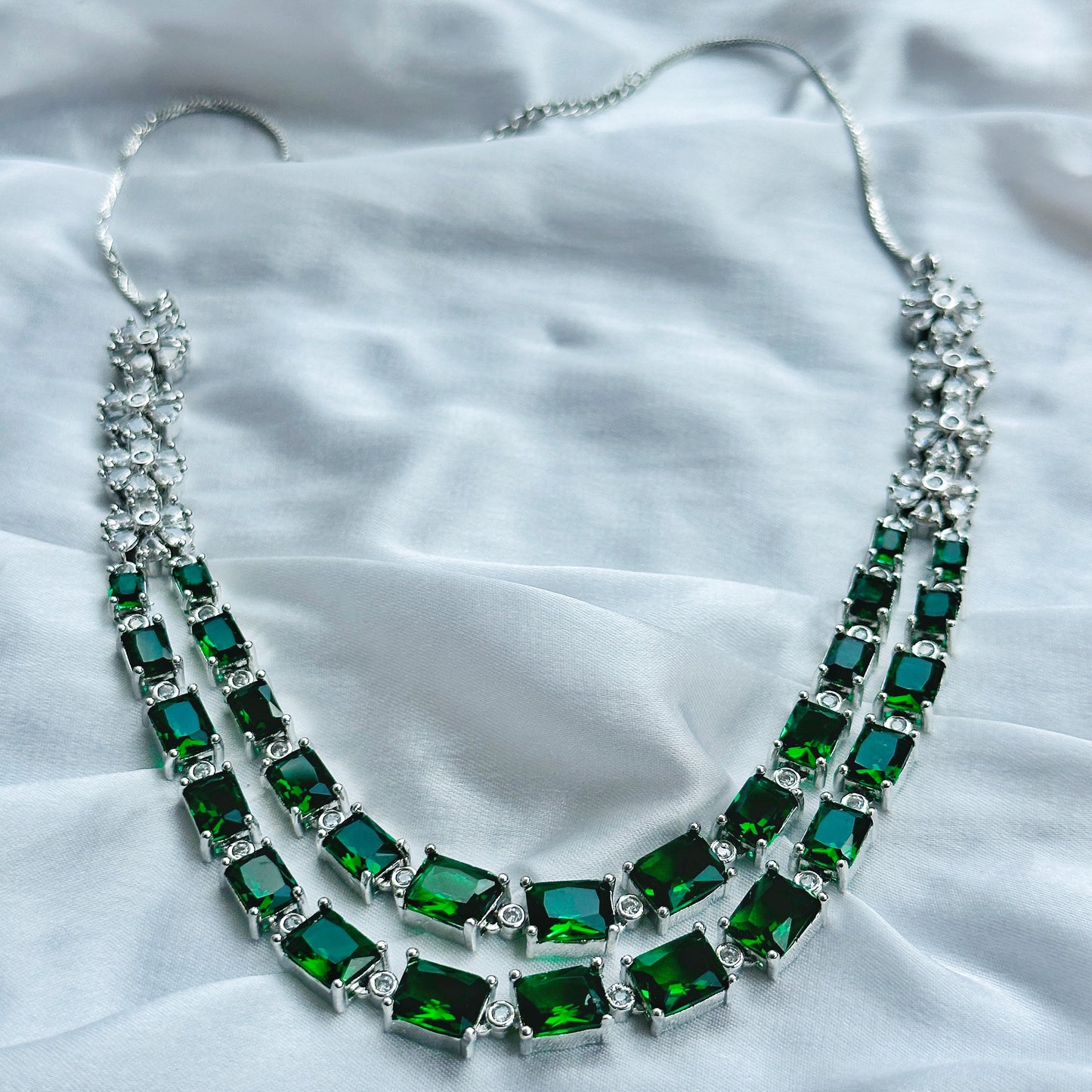 Green Emerald Cubic Zircon Double Chain American Diamond Silver Plated Necklace Set