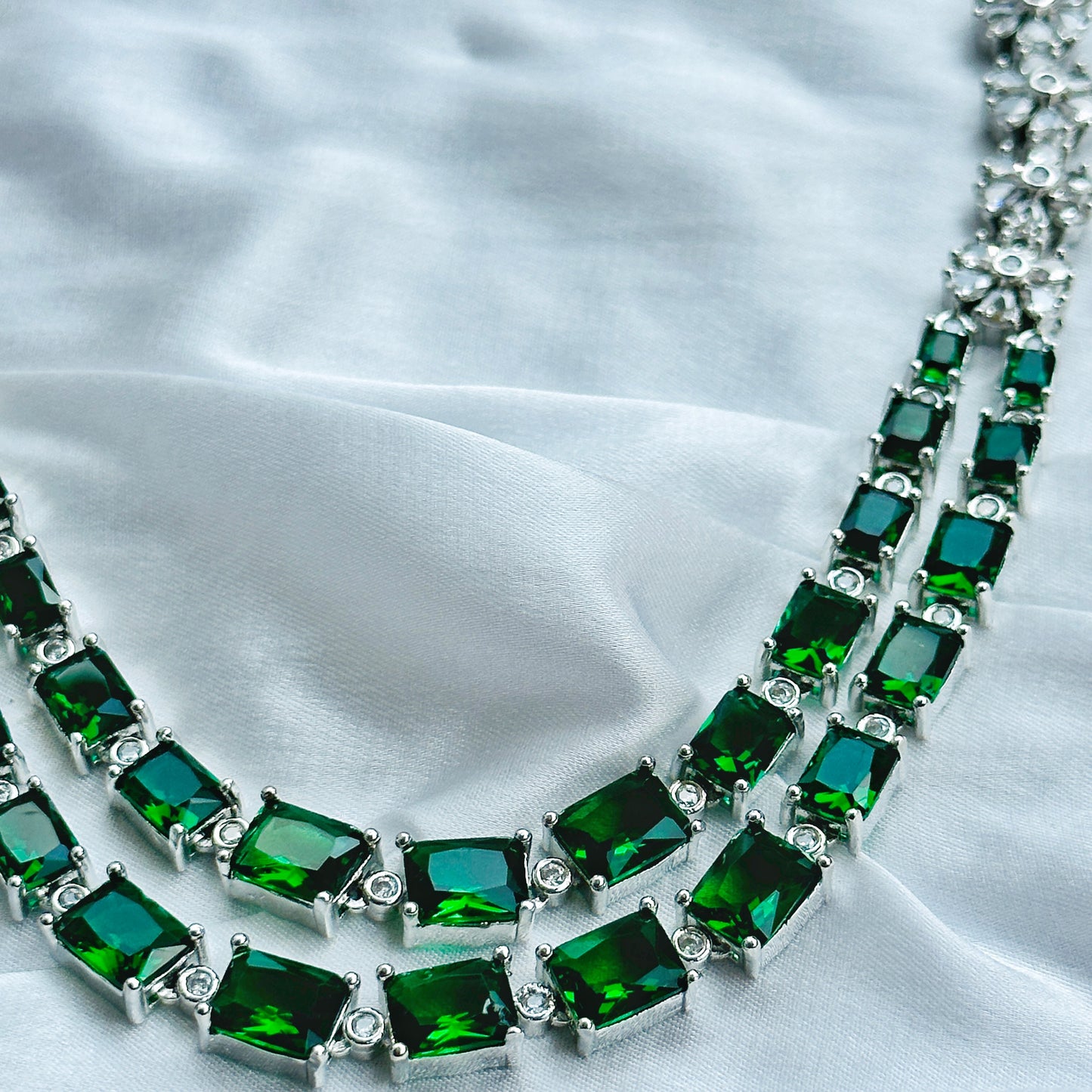 Green Emerald Cubic Zircon Double Chain American Diamond Silver Plated Necklace Set