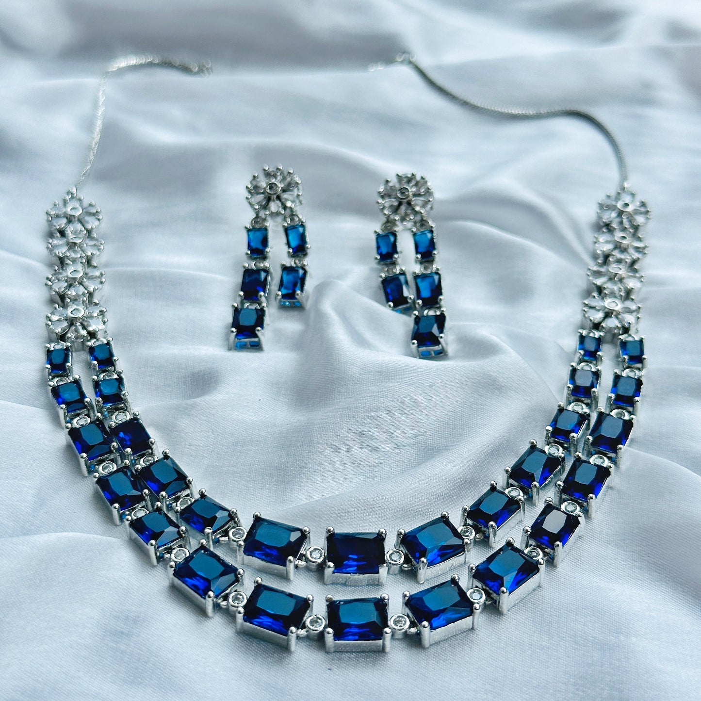 Blue Sapphire Cubic Zircon Double Chain American Diamond Silver Plated Necklace Set
