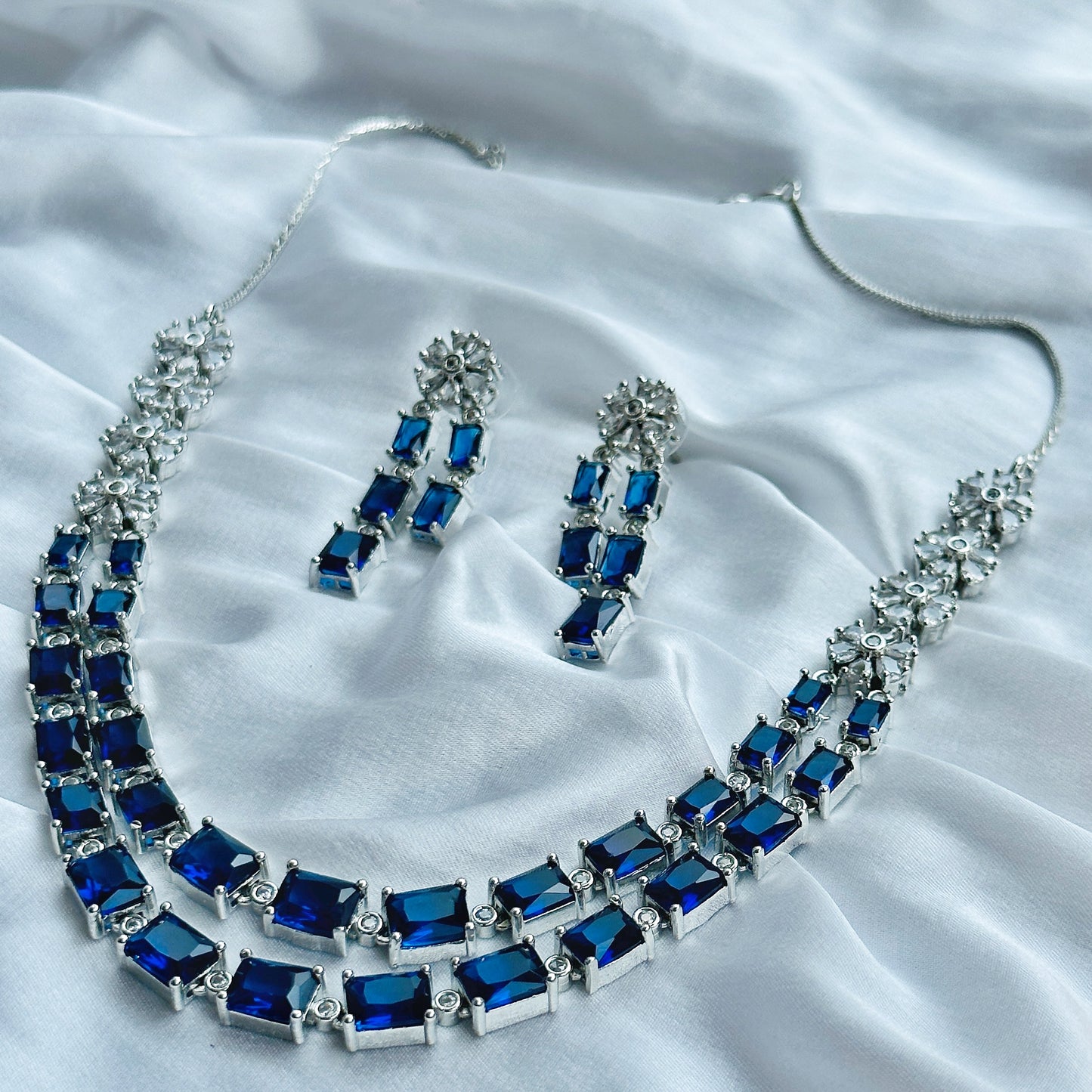 Blue Sapphire Cubic Zircon Double Chain American Diamond Silver Plated Necklace Set