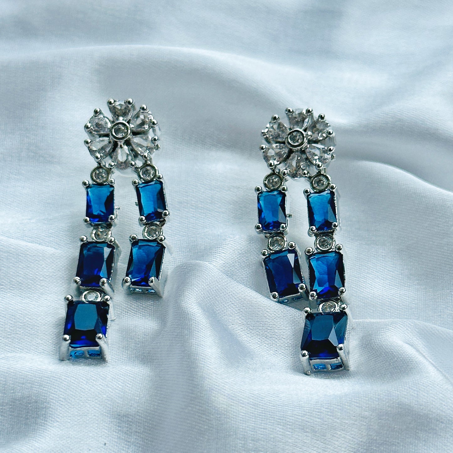 Blue Sapphire Cubic Zircon Double Chain American Diamond Silver Plated Necklace Set