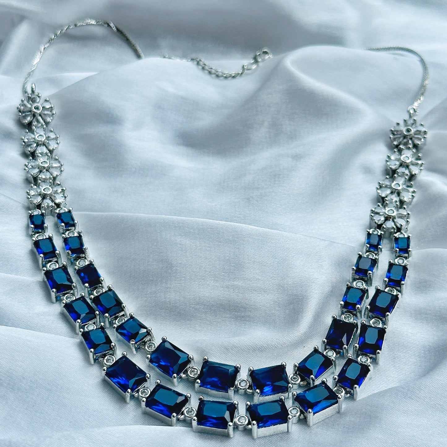 Blue Sapphire Cubic Zircon Double Chain American Diamond Silver Plated Necklace Set