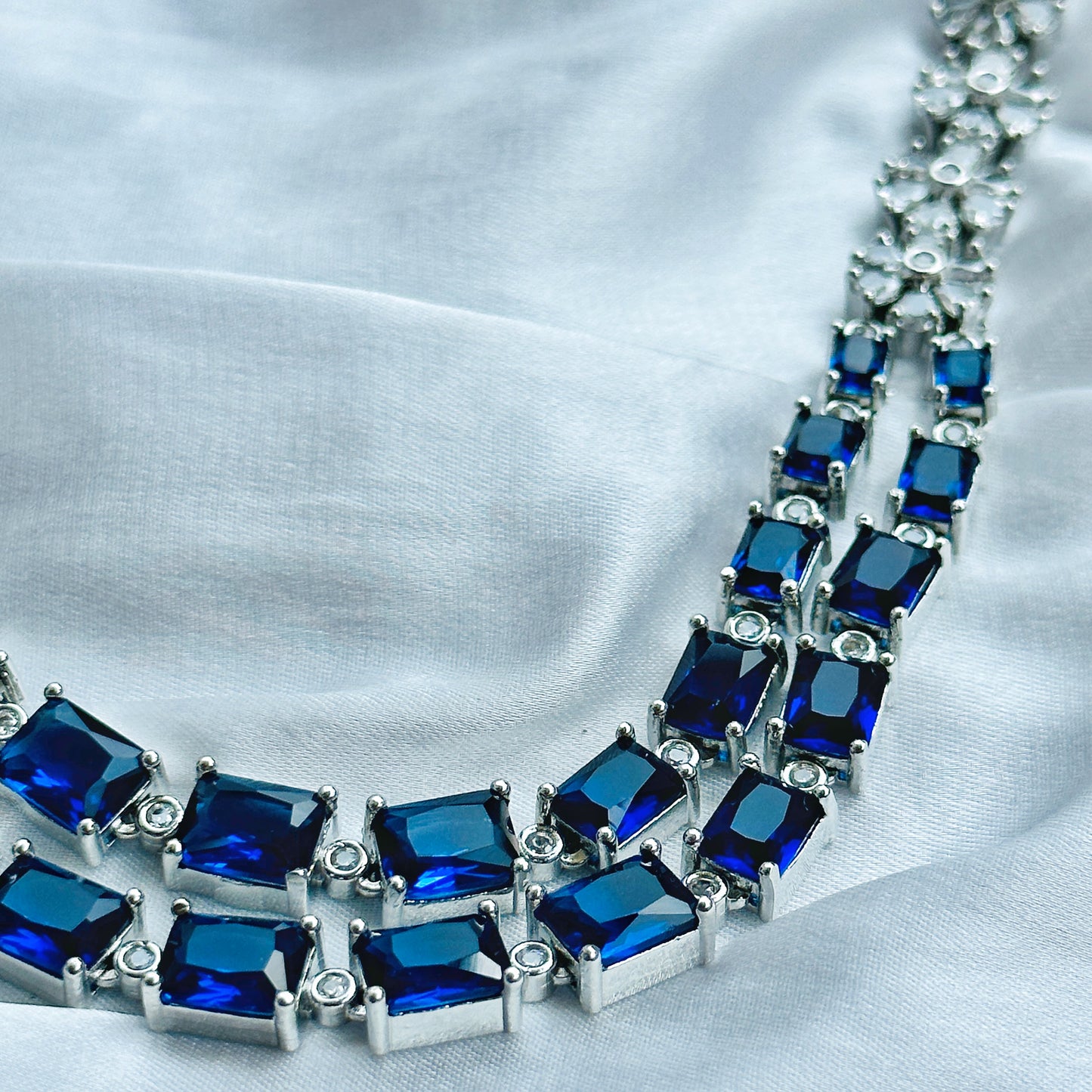 Blue Sapphire Cubic Zircon Double Chain American Diamond Silver Plated Necklace Set