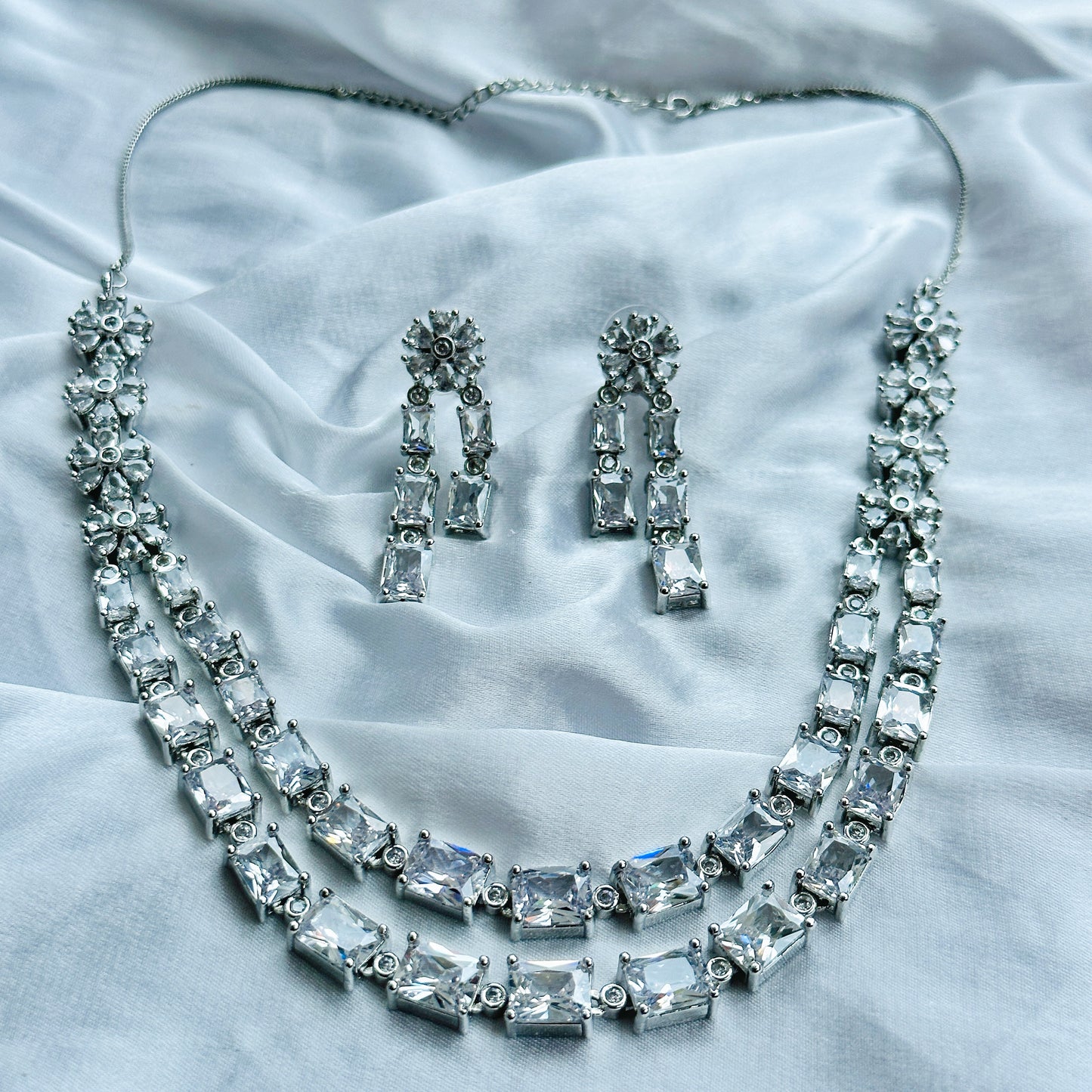 White Cubic Zircon Double Chain American Diamond Silver Plated Necklace Set