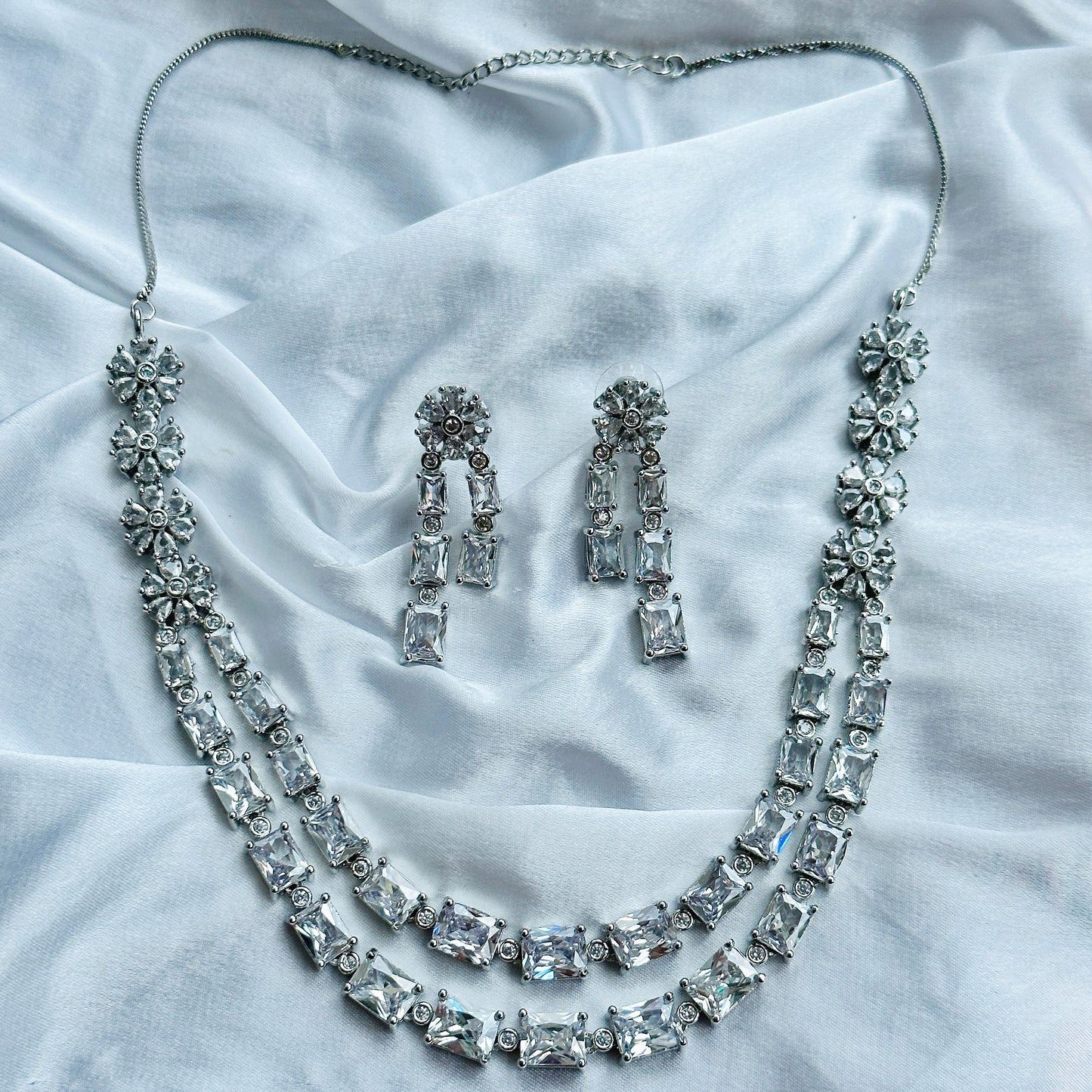White Cubic Zircon Double Chain American Diamond Silver Plated Necklace Set