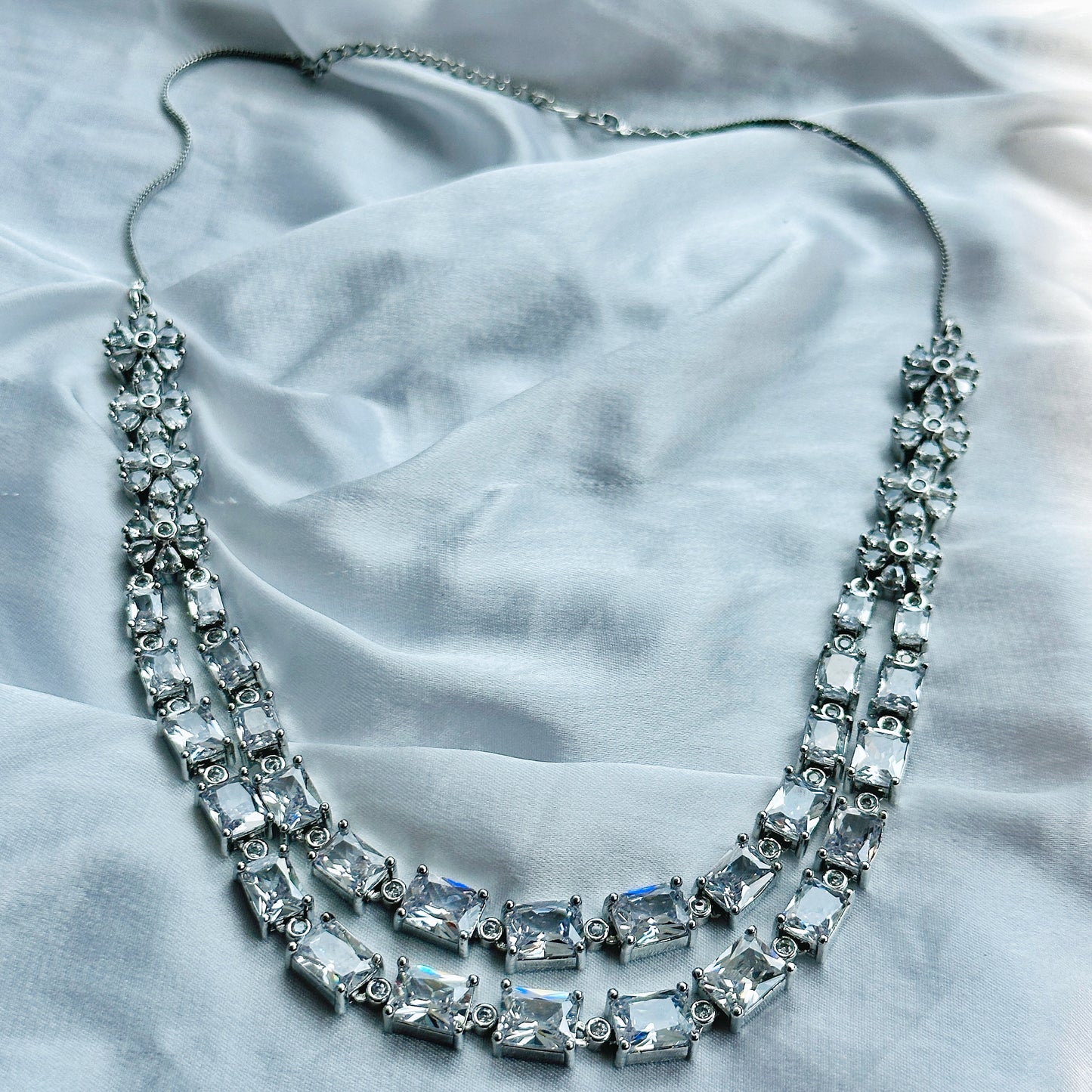 White Cubic Zircon Double Chain American Diamond Silver Plated Necklace Set