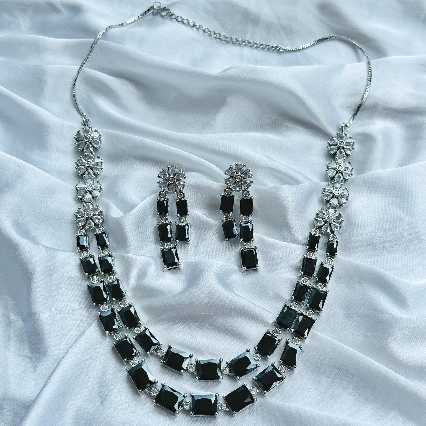 Black Zircon Double Chain American Diamond Silver Plated Necklace Set