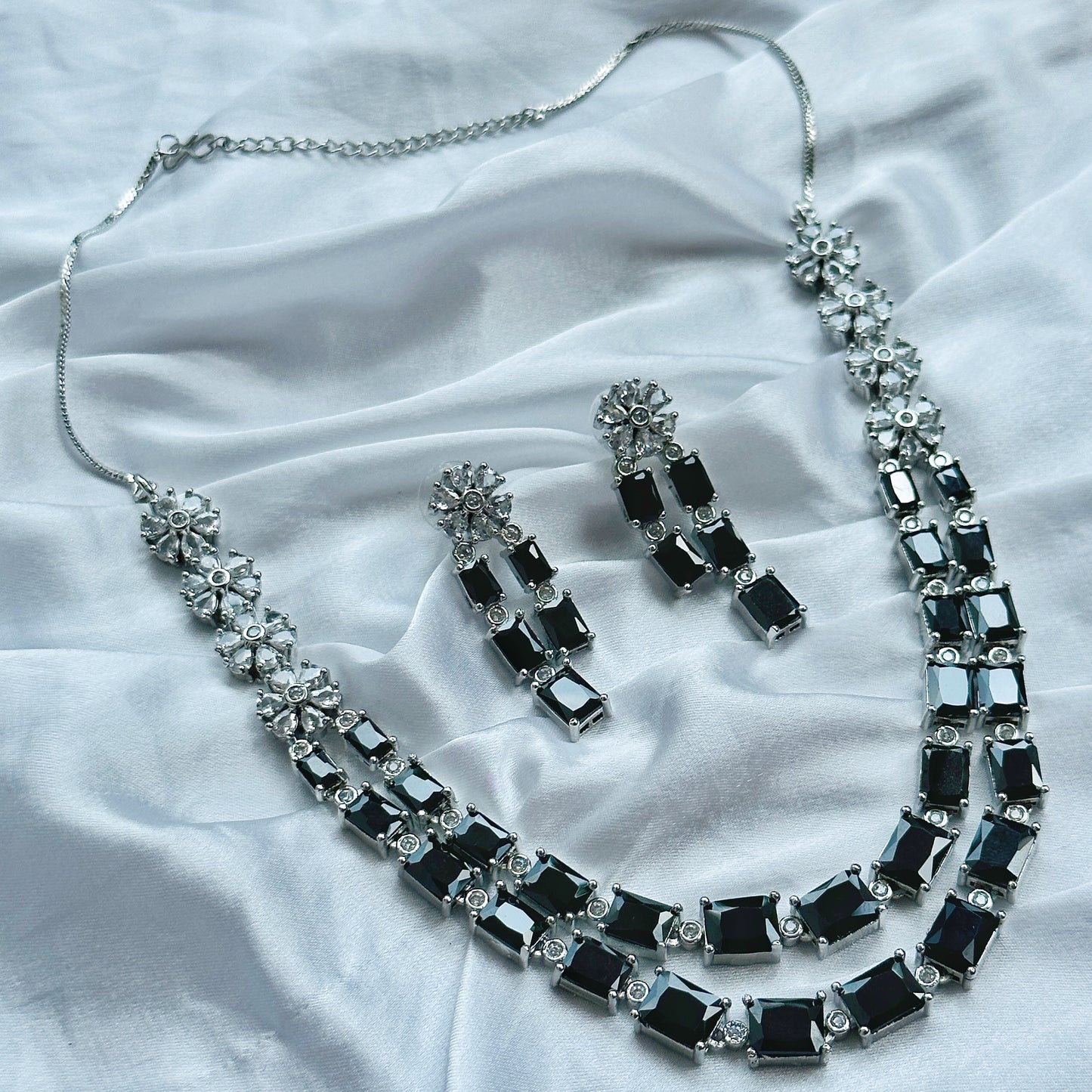 Arha Collection Black Zircon Double Chain American Diamond Silver Plated Necklace Set