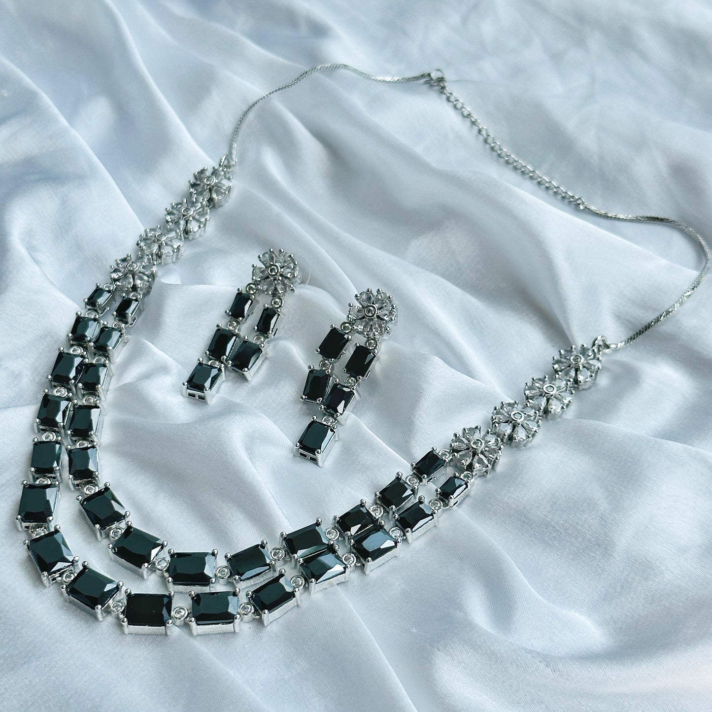 Arha Collection Black Zircon Double Chain American Diamond Silver Plated Necklace Set
