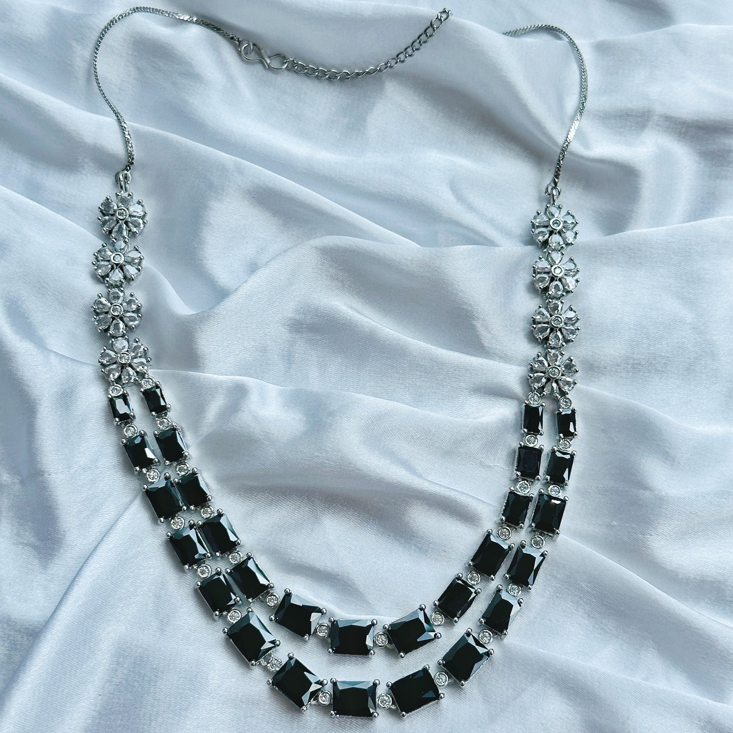 Arha Collection Black Zircon Double Chain American Diamond Silver Plated Necklace Set